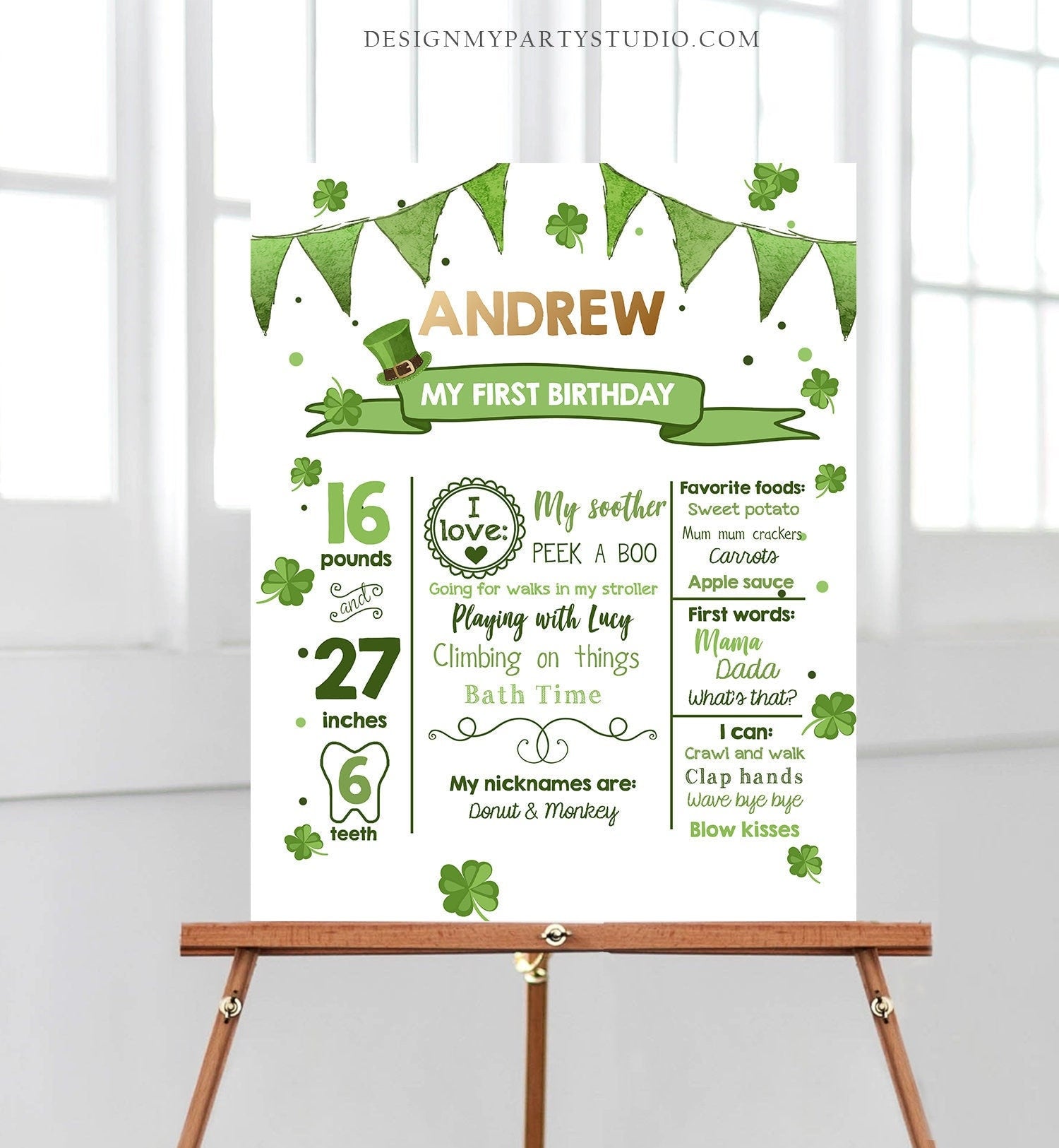 Editable St Patricks Day Milestones Sign Lucky 1sr Birthday Sign Shamrock 1st Birthday Gold Green Clover White Template Printable Corjl 0115