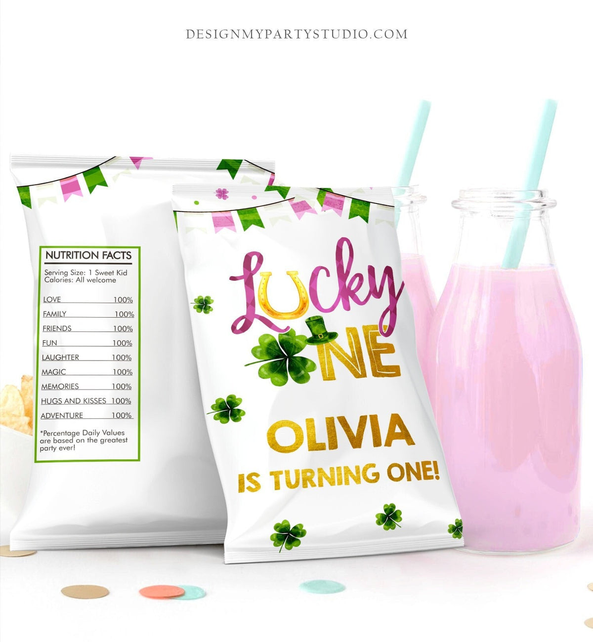 Editable Lucky One Chip Bag St Patrick&#39;s Day Party Favor Shamrock Clovers Girl Oink First Birthday 1st Digital Download Corjl Template 0379