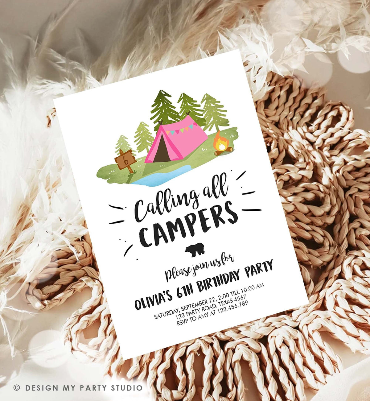 Editable Glamping Party Invitation Camp Out Birthday Invite Bonfire Outdoor Camping Tent Girl Pink Download Printable Template Corjl 0302