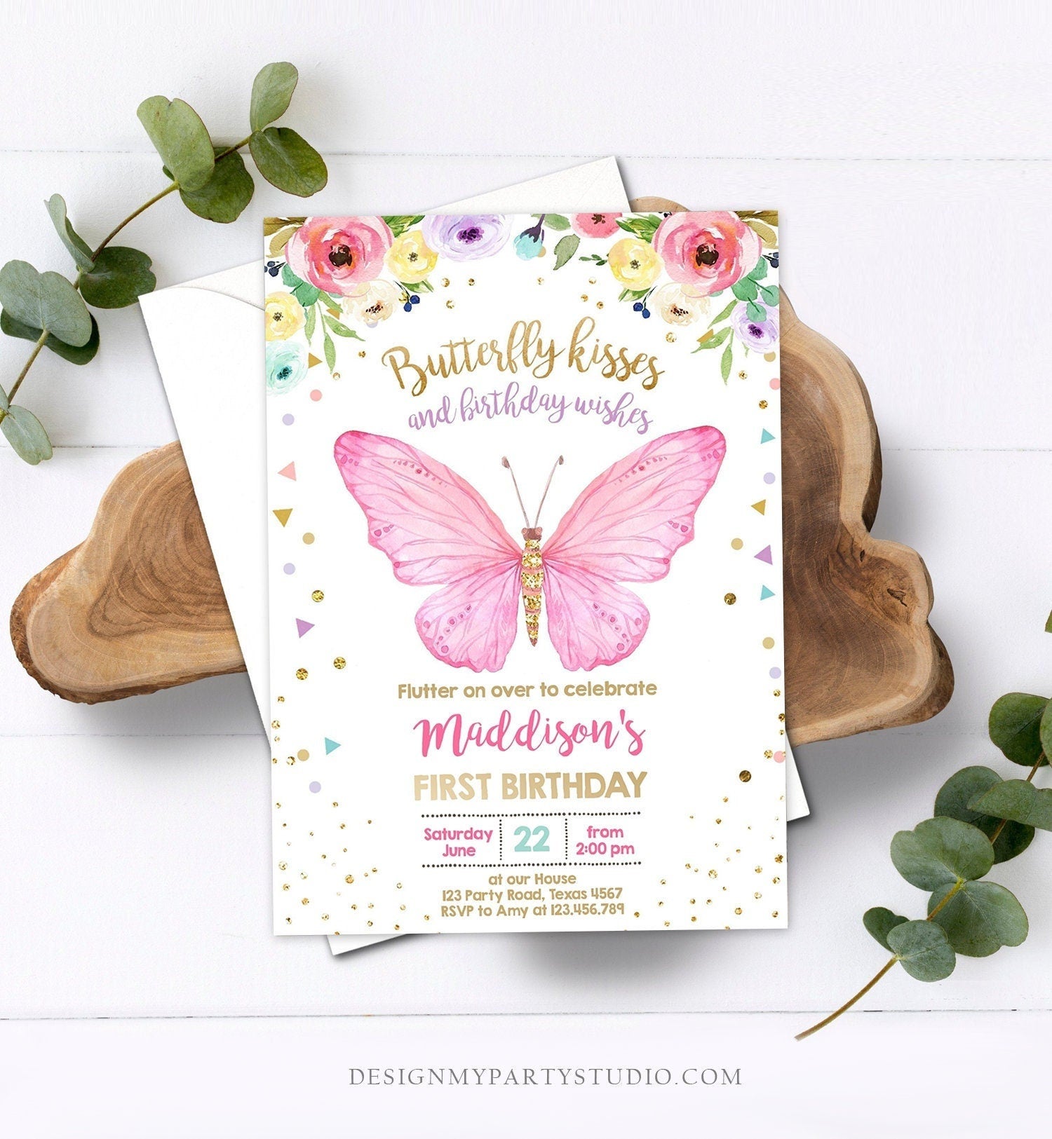 Editable Butterfly Birthday Invitation Butterfly Invitation Garden Floral Flowers Pink Gold Girl Download Printable Template Corjl 0162