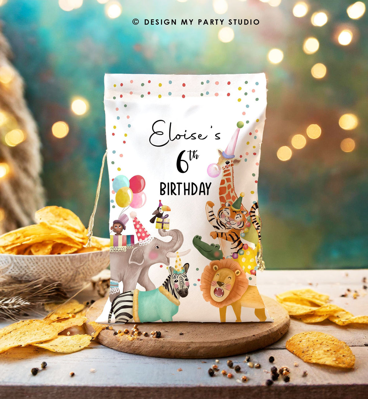 Editable Party Animals Birthday Chip Bag Wild One Decor Boy Girl Safari Animals Snack Favors Zoo Wild Three Digital Corjl Template 0482