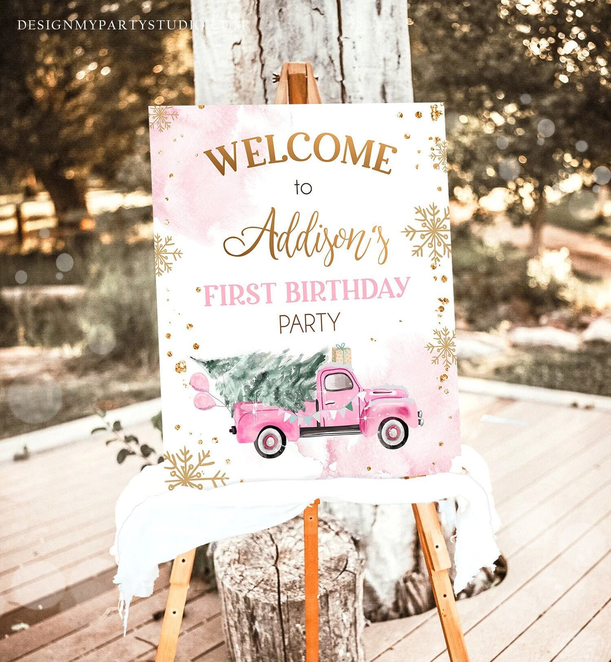 Editable Winter Truck Welcome Sign Onederland Pink Truck Watercolor Girl First Birthday Snowflake Wonderland Corjl Template Printable 0495