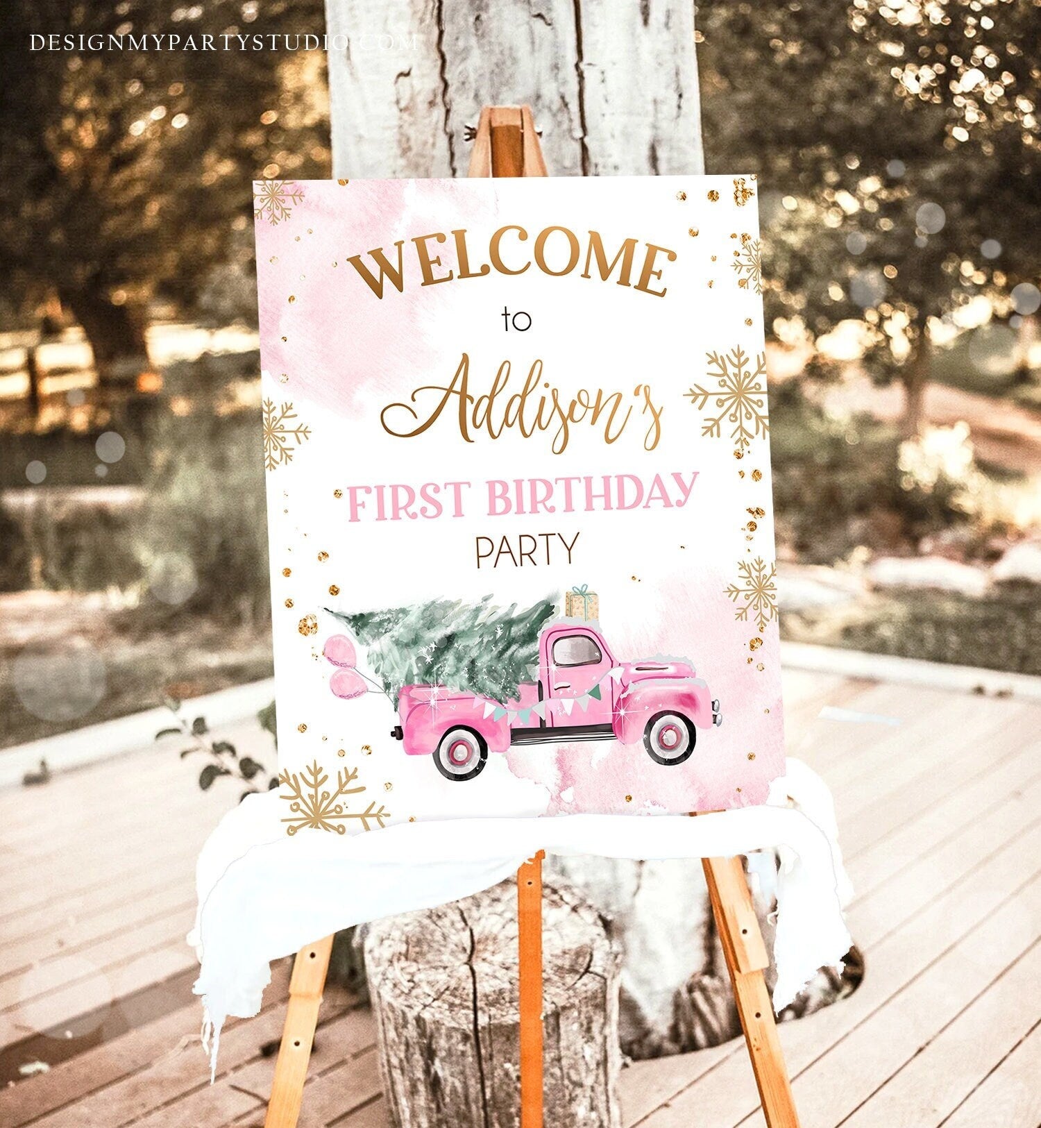 Editable Winter Truck Welcome Sign Onederland Pink Truck Watercolor Girl First Birthday Snowflake Wonderland Corjl Template Printable 0495