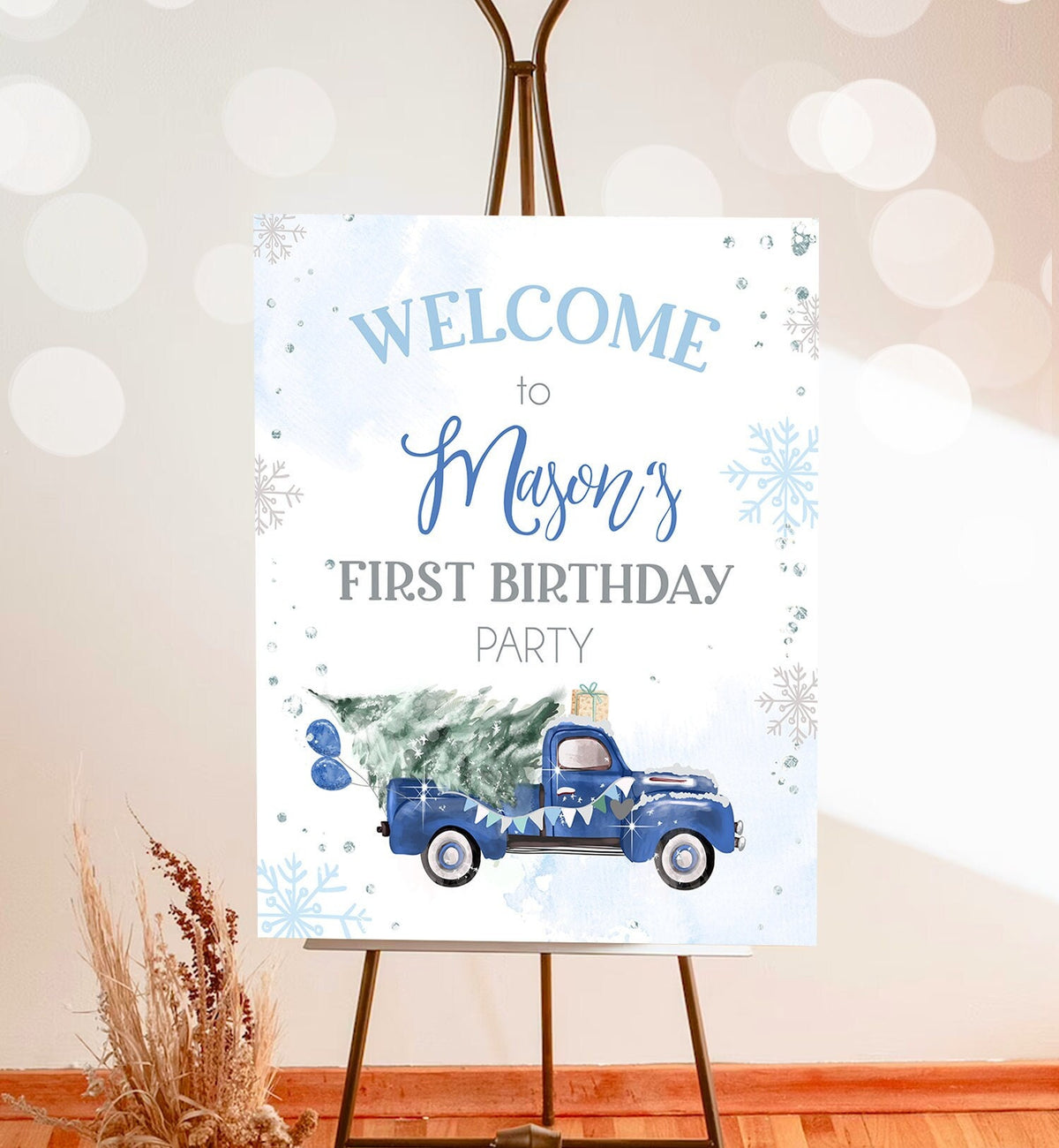 Editable Winter Truck Welcome Sign Onederland Blue Truck Watercolor Boy First Birthday Snowflake Wonderland Corjl Template Printable 0495