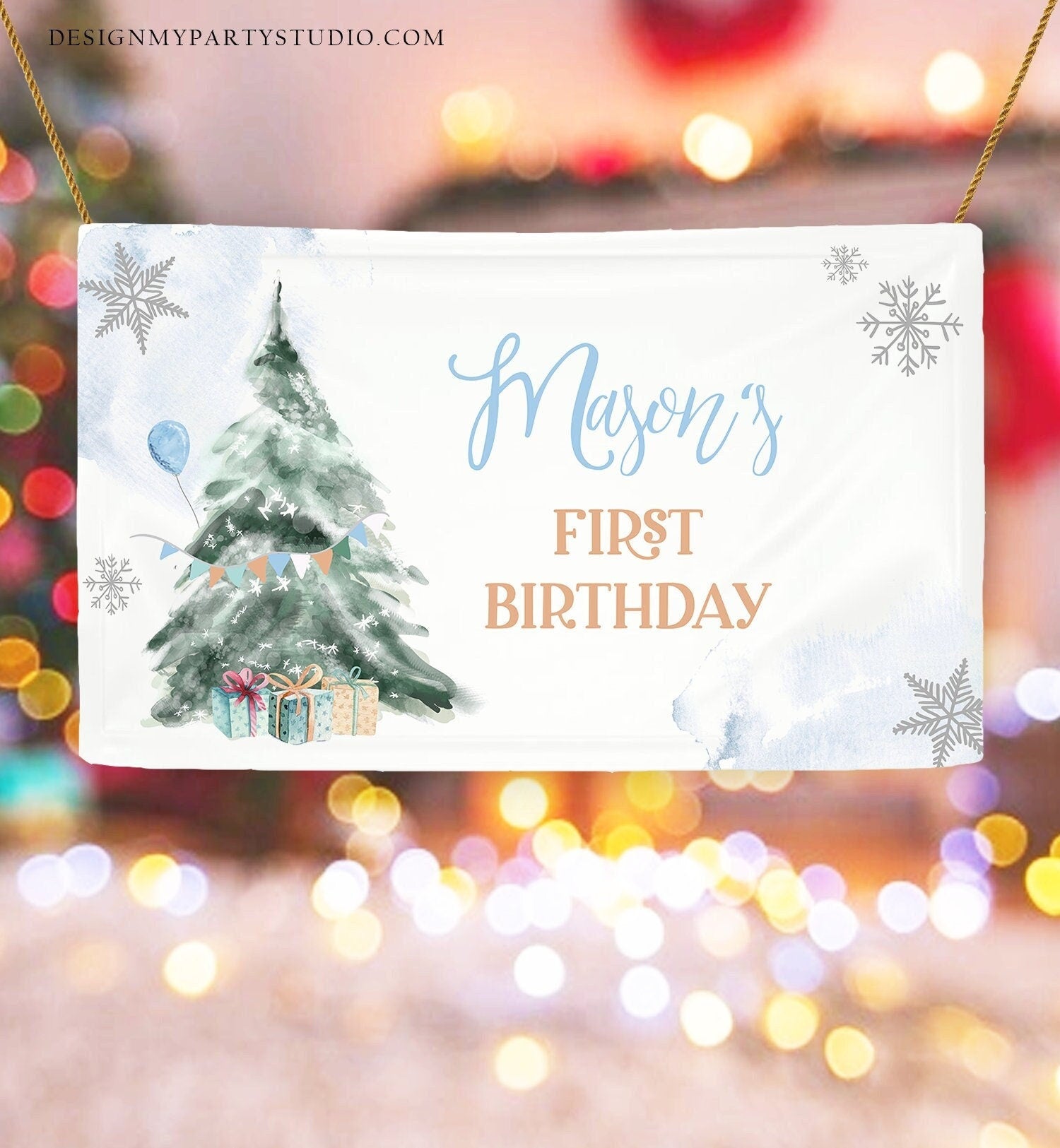 Editable Winter Tree Backdrop Banner Boy Blue Silver Christmas Birthday Winter Onederland Snow Download Corjl Template Printable 0363