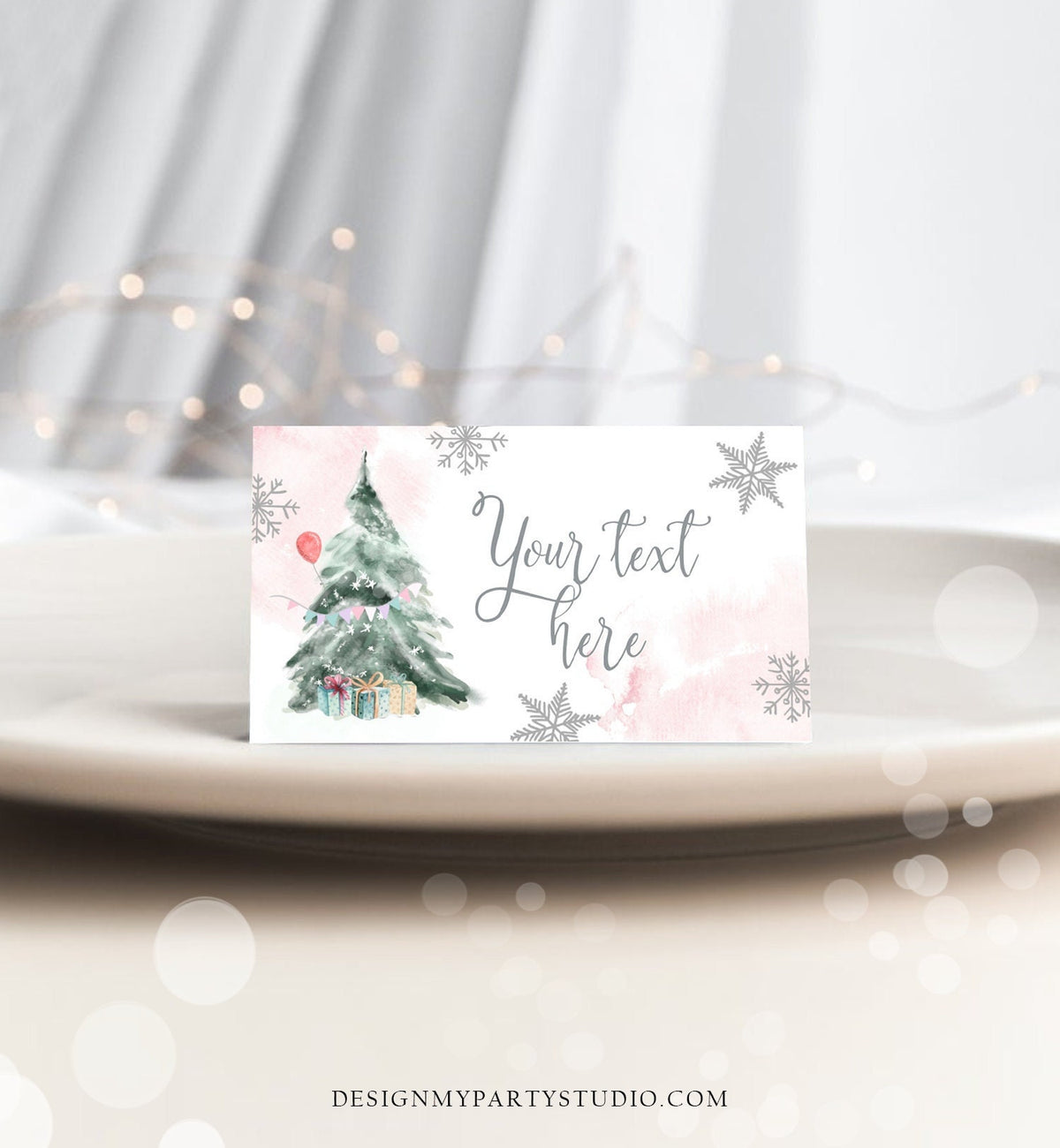 Editable Winter Onederland Birthday Food Tent Cards Winter Tree Labels Girl Christmas Party Place Cards Snow Printable Template Corjl 0363