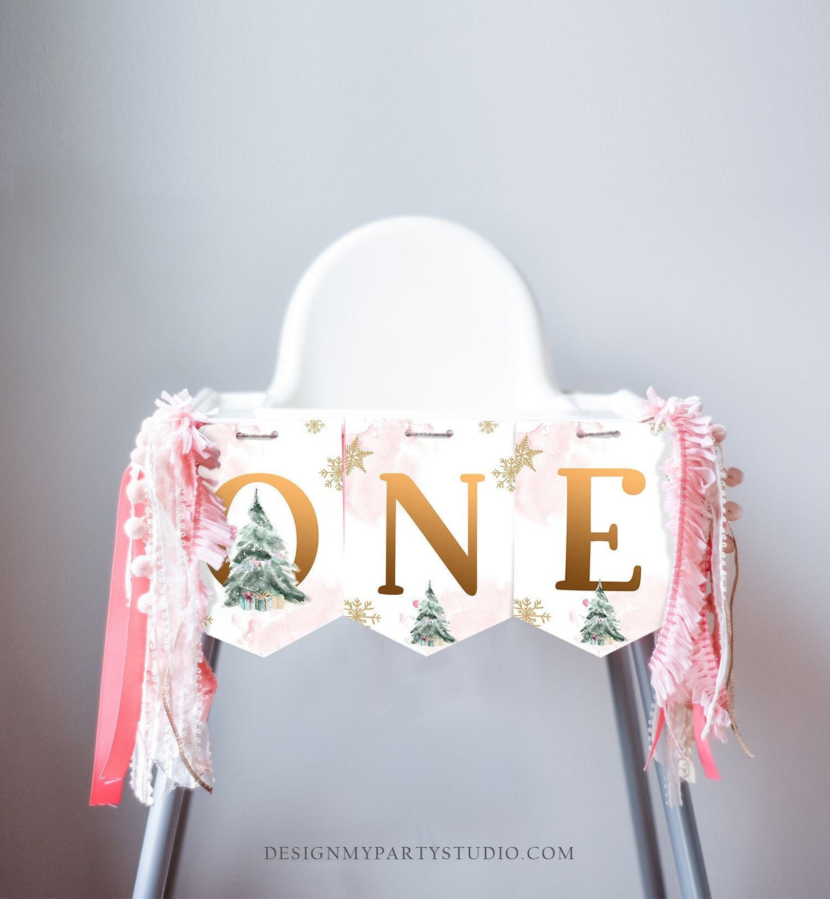 One High Chair Banner Winter Onederland Girl 1st First Birthday Pink Christmas Birthday Oh What Fun ONE Tree Decor PRINTABLE Digital 0363