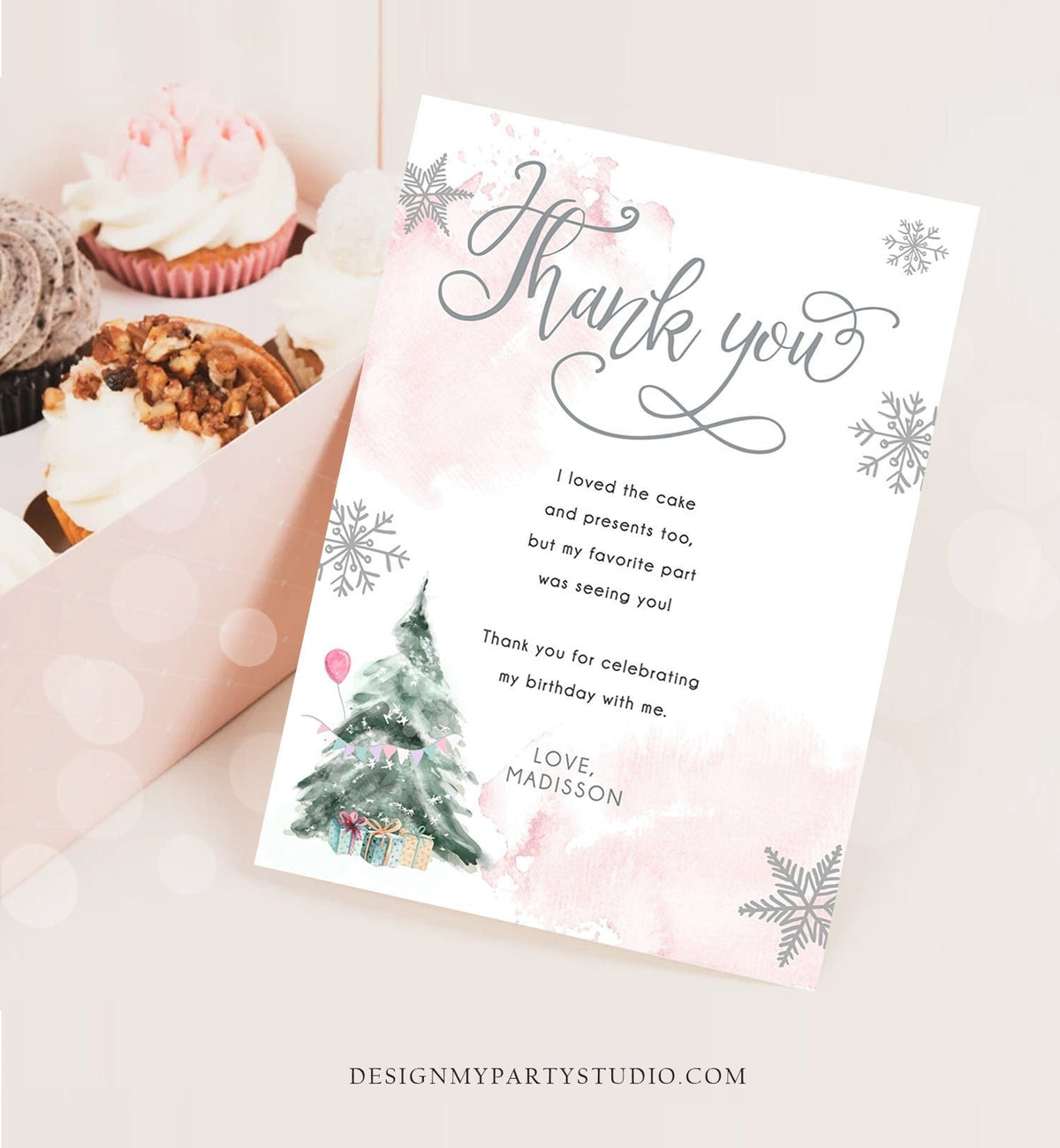 Editable Winter Tree Thank You Card Watercolor Birthday Winter Onederland Pink Girl Christmas Snow Snowflake Template Download Corjl 0363