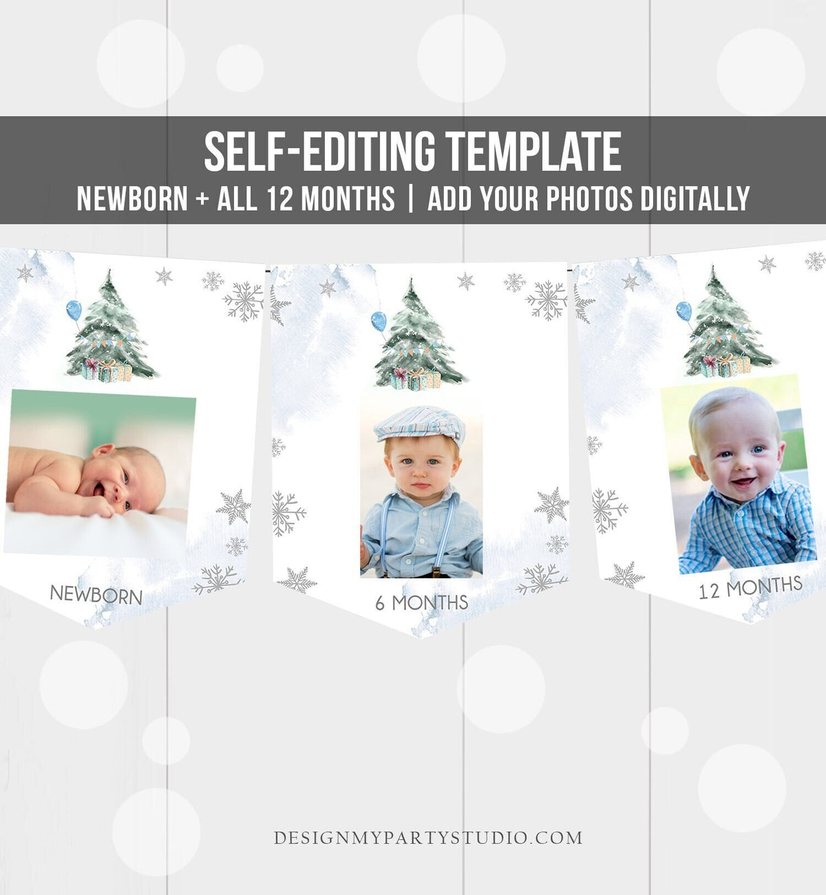 Editable Winter Onederland First Birthday Banner Monthly Photo Banner 1st Tree Watercolor Snow Blue Boy Corjl Template Printable 0363