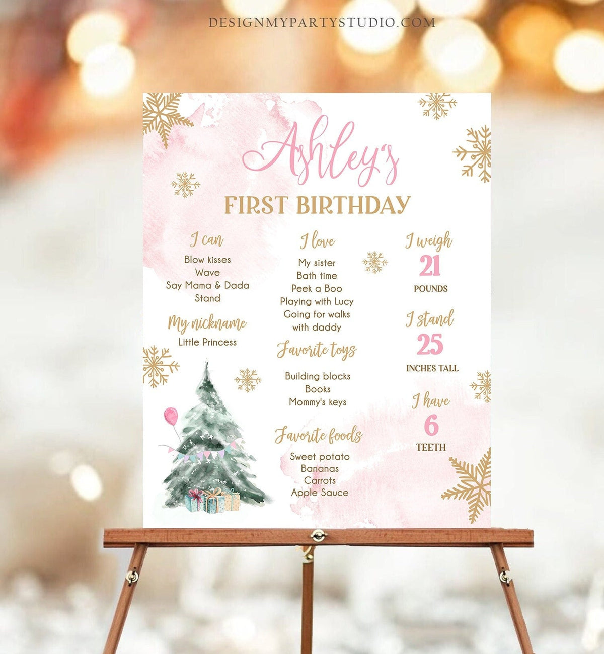 Editable Winter Tree Birthday Milestones Sign Winter Onederland Watercolor First Birthday Girl Gold Pink Corjl Template Printable 0363