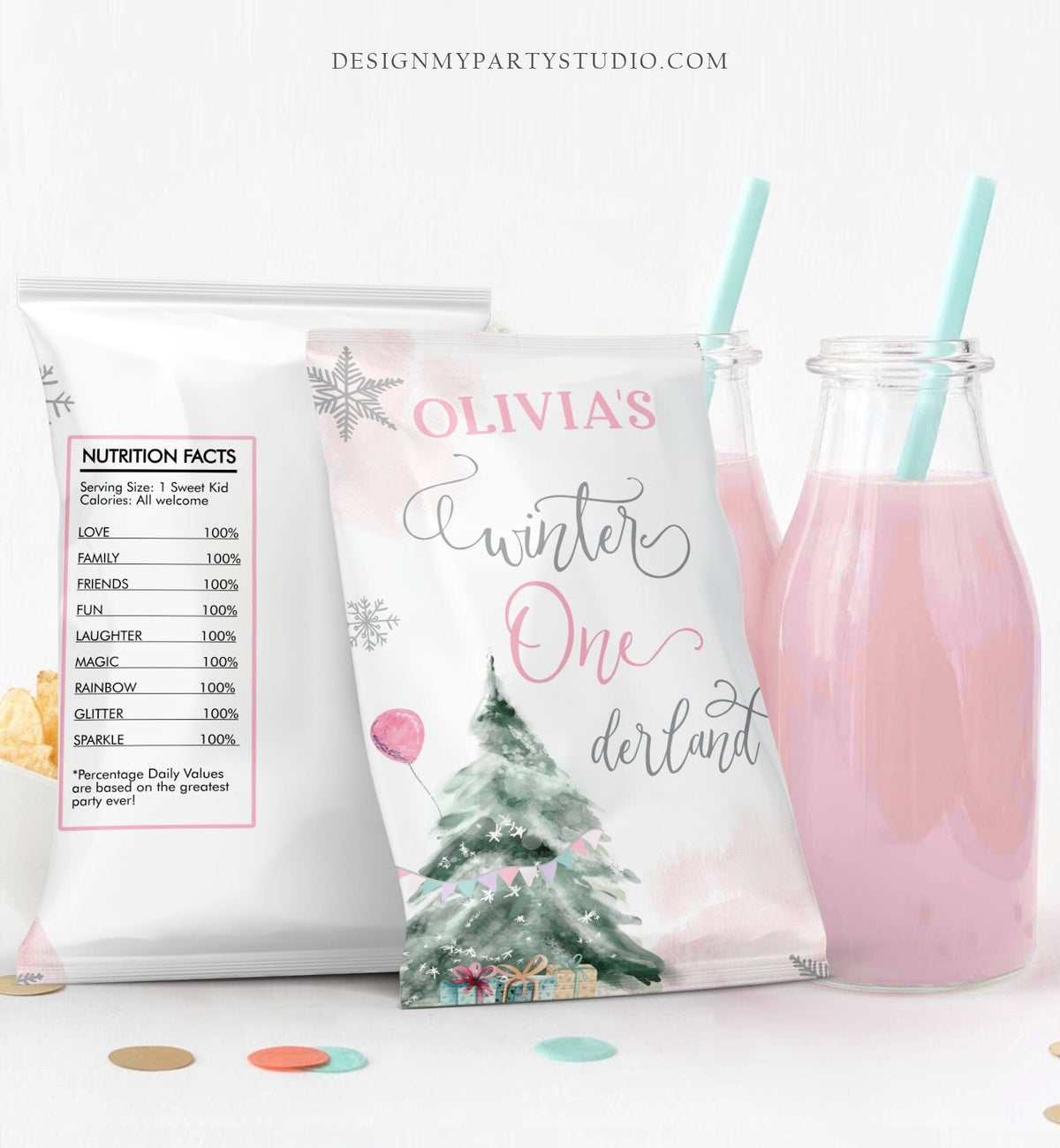 Editable Winter ONEderland Chip Bag Christmas Tree Snowflake Wonderland Girl First Birthday Party Decor Favors Digital Corjl Template 0363