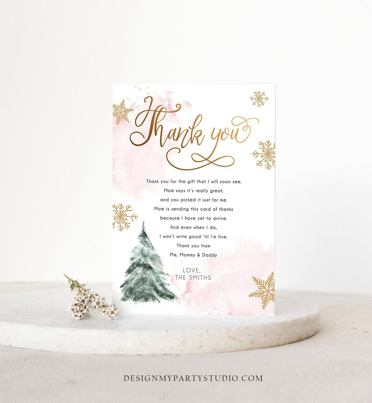 Editable Winter Tree Thank You Card Watercolor Baby Its Cold Outside Baby Shower Pink Girl Gold Neutral Snow Template Download Corjl 0363