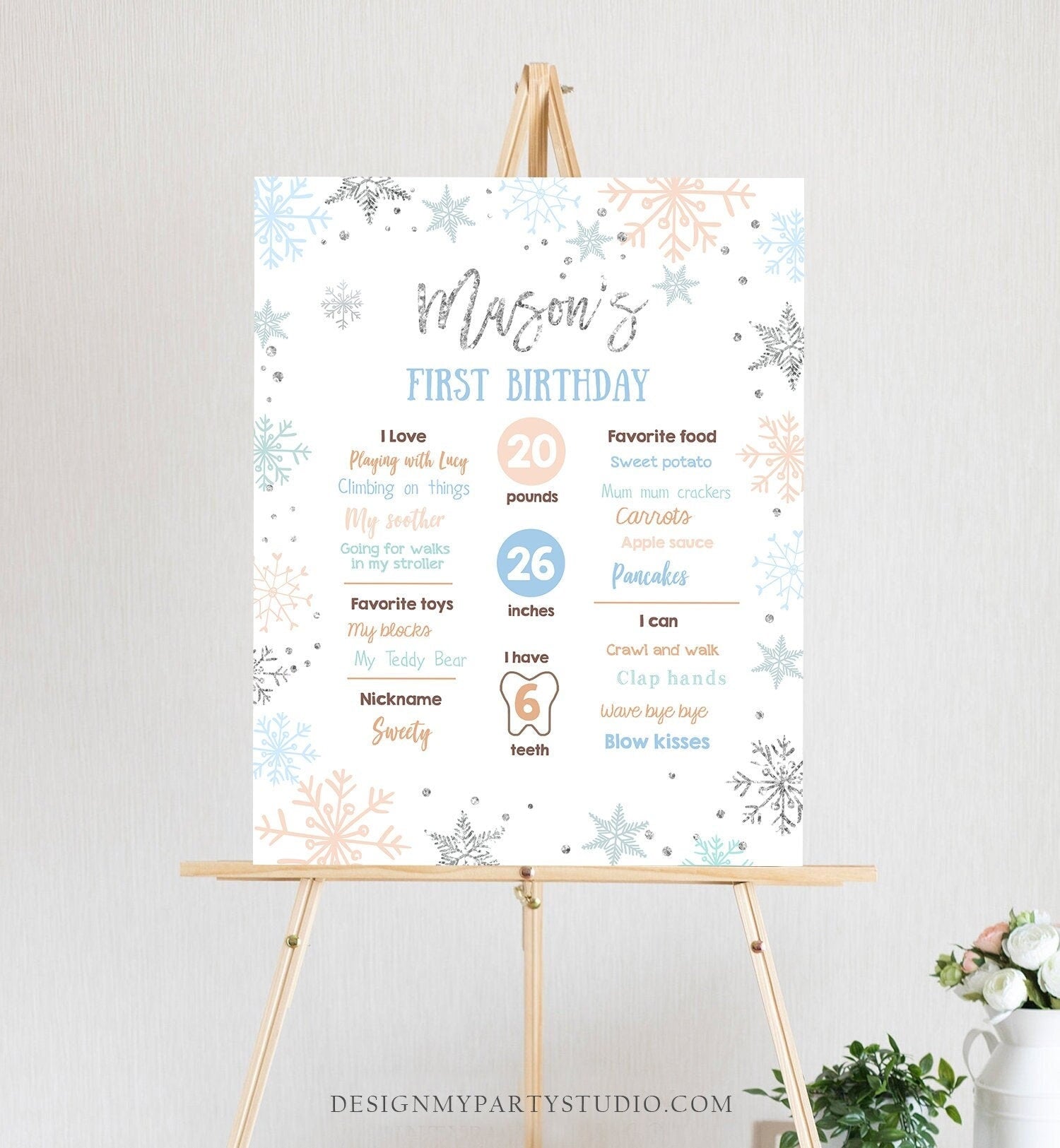 Editable Winter Birthday Milestones Sign Winter Onederland First Birthday Boy Blue Silver Snowflakes Floral Corjl Template Printable 0256