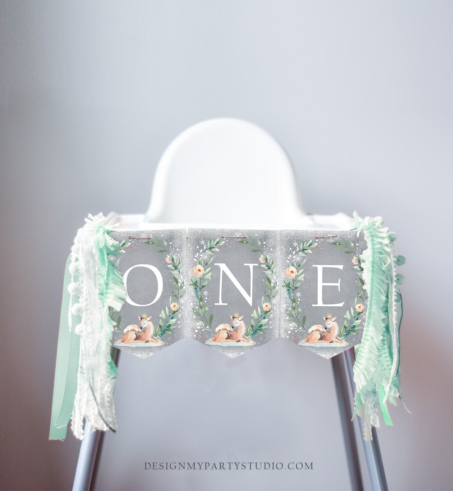 High Chair ONE Banner Winter Onederland Deer Birthday Banner Deer Pink Gold Snow First Birthday 1st Decor Wonderland Download Printable 0265