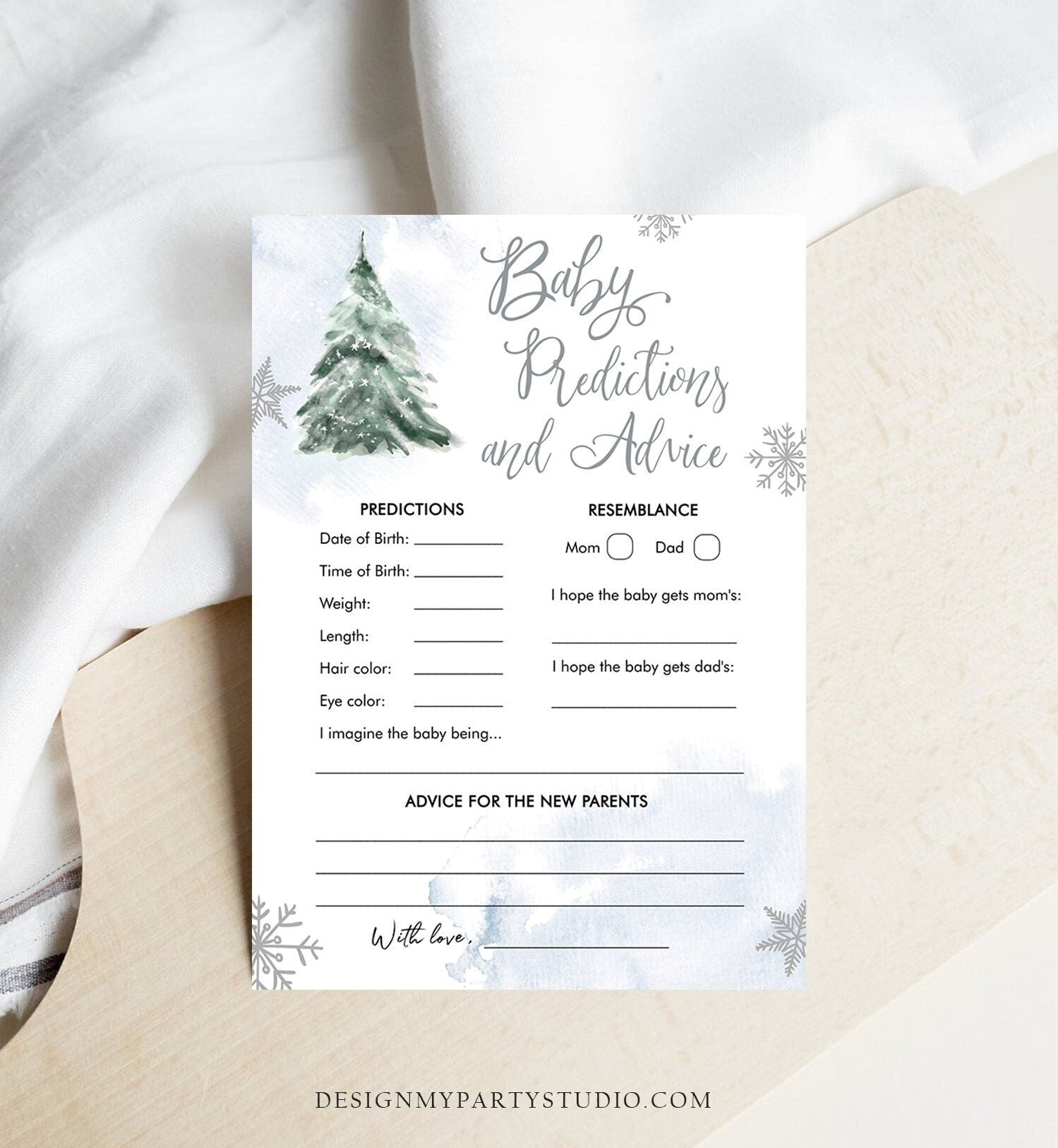 Editable Baby Predictions Baby Shower Game Advice for Parents Winter Cold Outside Shower Snowflake Boy Blue Corjl Template Printable 0363