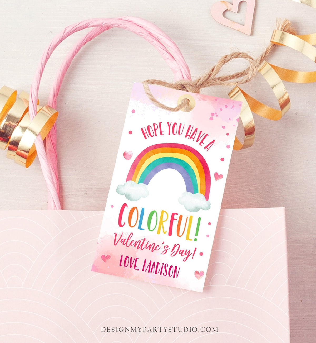 Editable Valentine Rainbow Favor Tag Thank You Over The Rainbow Colorful Valentine&#39;s Day School Digital Corjl Template Printable 0370