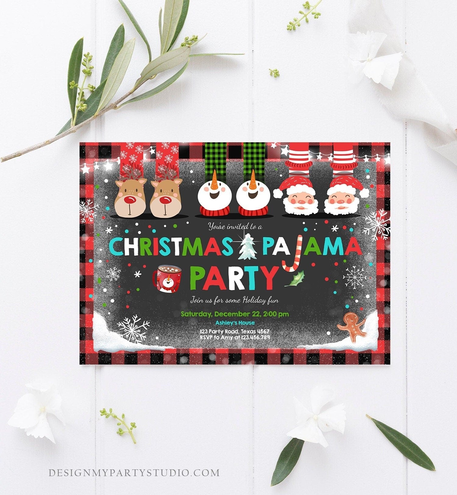 Editable Christmas Pajama Party Christmas Birthday Invitation Pancake Plaid Party Sleepover Download Printable Corjl Template Digital 0274