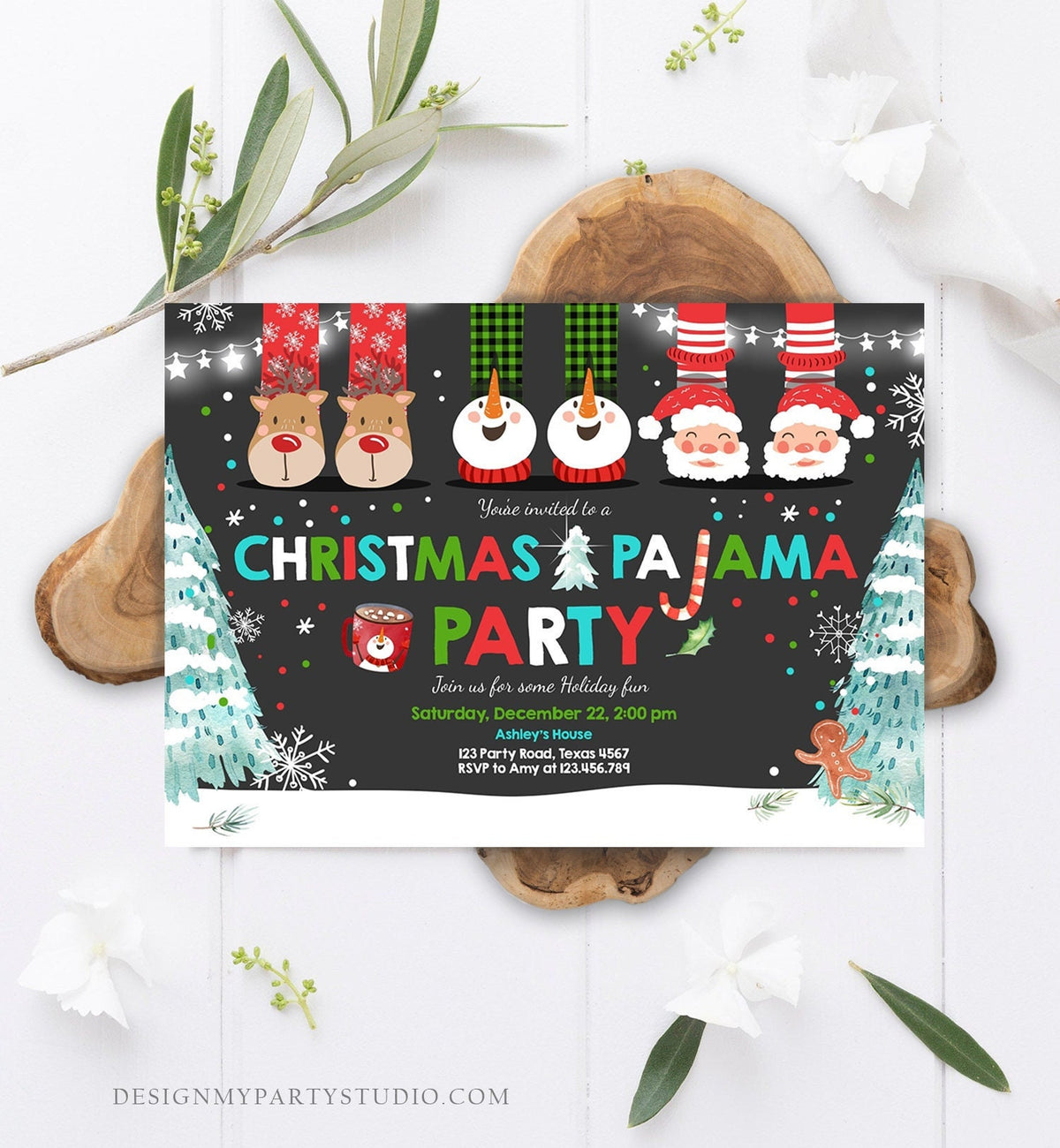 Editable Christmas Pajama Party Christmas Birthday Invitation Pancakes Xmas Party Sleepover Download Printable Corjl Template Digital 0274