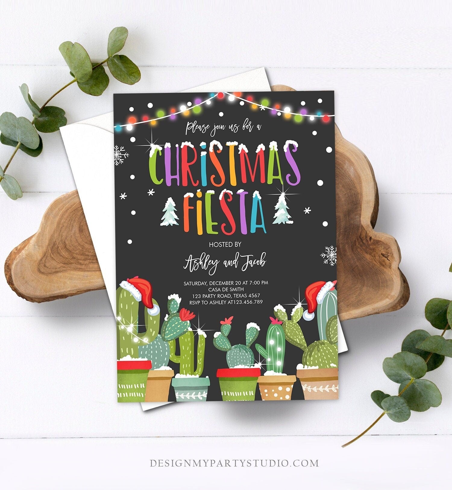 Editable Christmas Fiesta Invitation Cactus Mexican Holiday Fiesta Invite Christmas Party Mexican Download Corjl Template Printable 0273