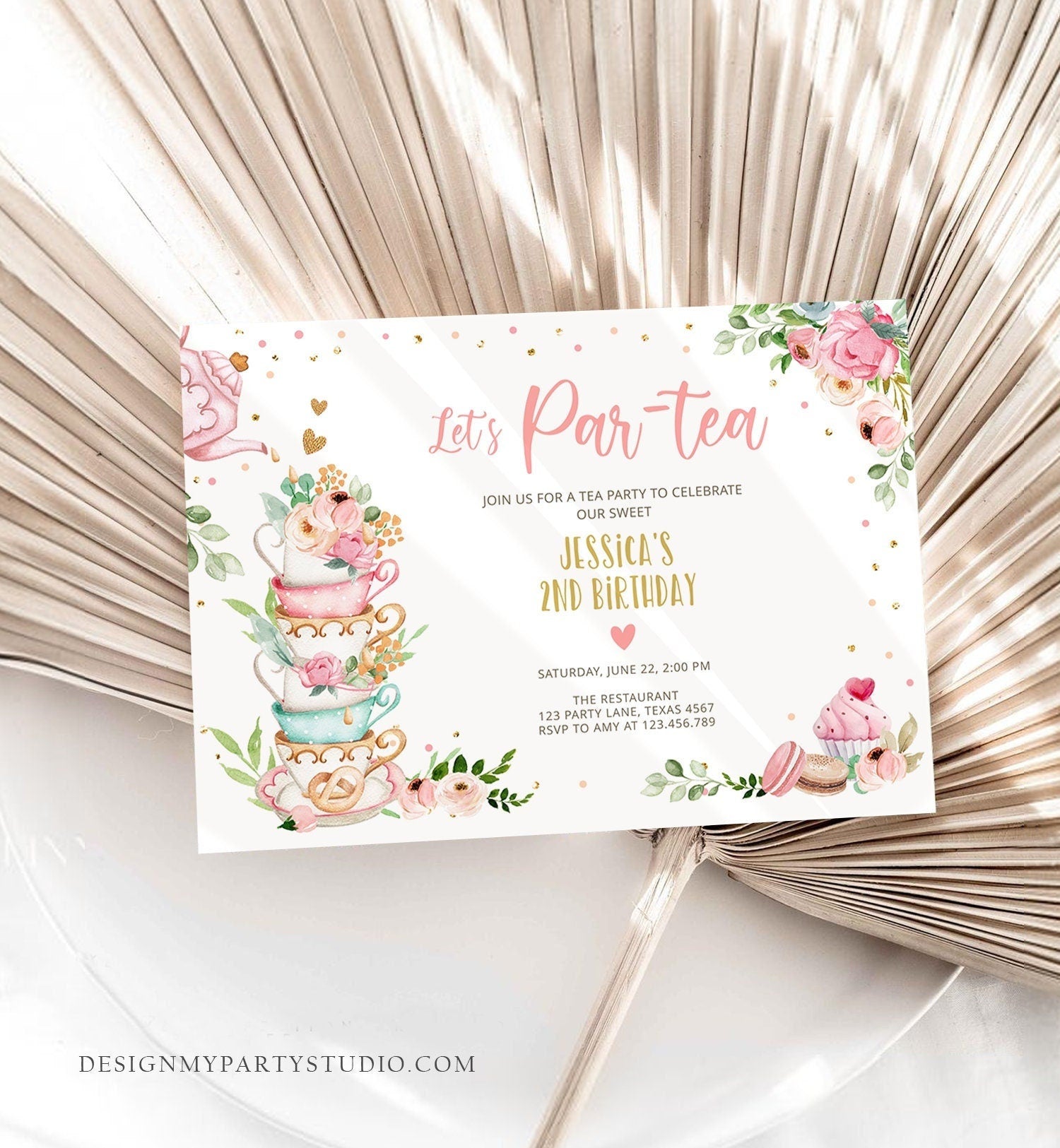 Editable Tea Party Birthday Invitation Girl Par-Tea Invite Floral Pink Gold Whimsical Tea Download Printable Template Corjl Digital 0349