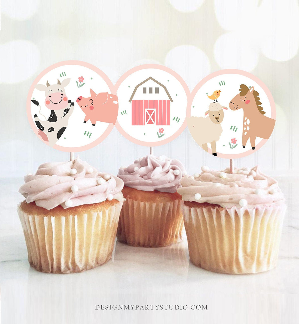 Pink Farm Birthday Cupcake Toppers Favor Tags Barnyard Birthday Party Decor Girl Farm Animals Sticker Modern download Digital PRINTABLE 0436