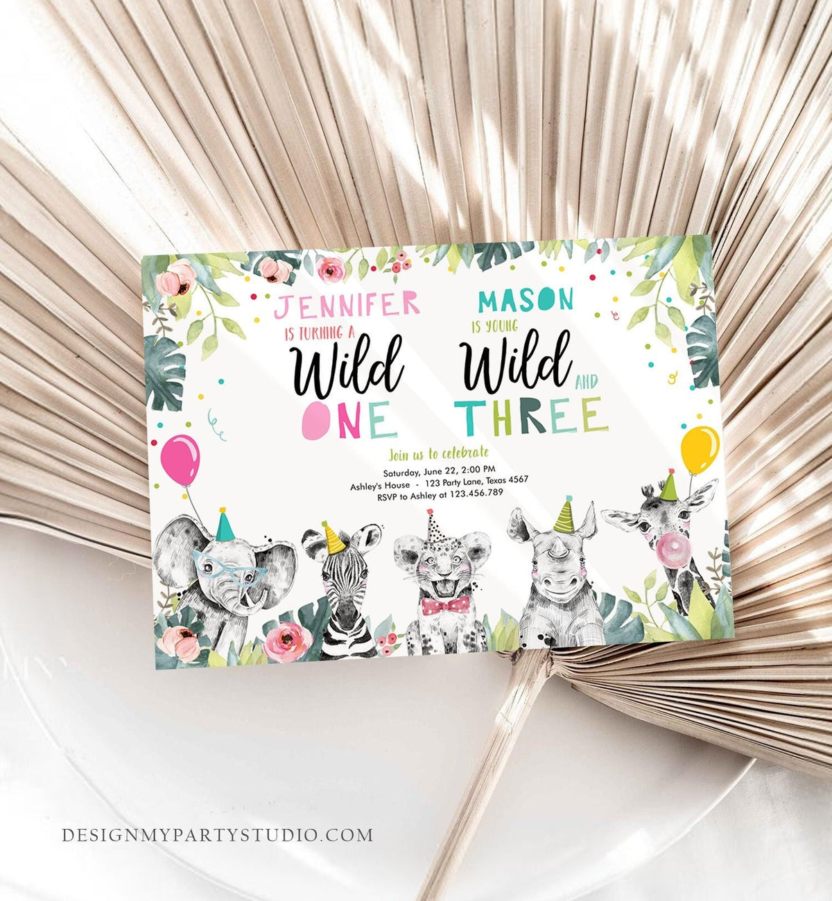 Editable Wild One Young Wild and Three Birthday Invitation Party Animals Boy Girl First Third 1st 3rd Safari Coed Joint Corjl Template 0322