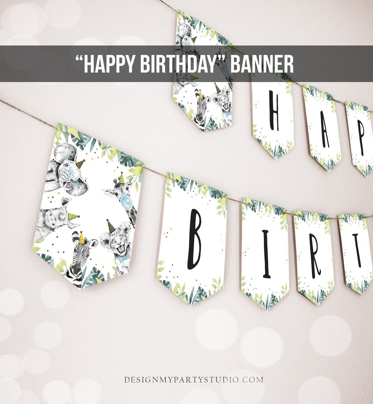 Happy Birthday Banner Safari Animals Blue Gold Party Animals Wild One Birthday Boy Zoo Decorations Instant download PRINTABLE DIGITAL 0322