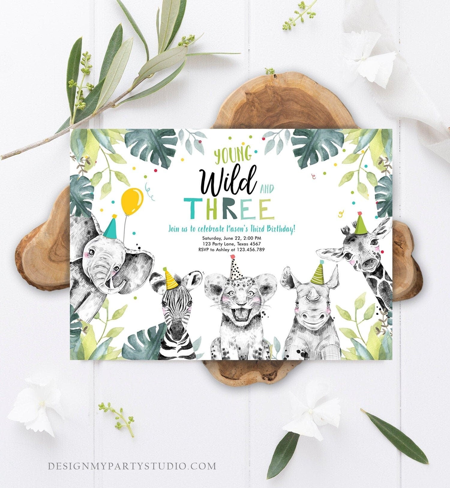 Editable Young Wild and Three Invitation Boy Safari Animals Zoo Wild Third Birthday 3rd Party Animals Printable Template Digital Corjl 0322