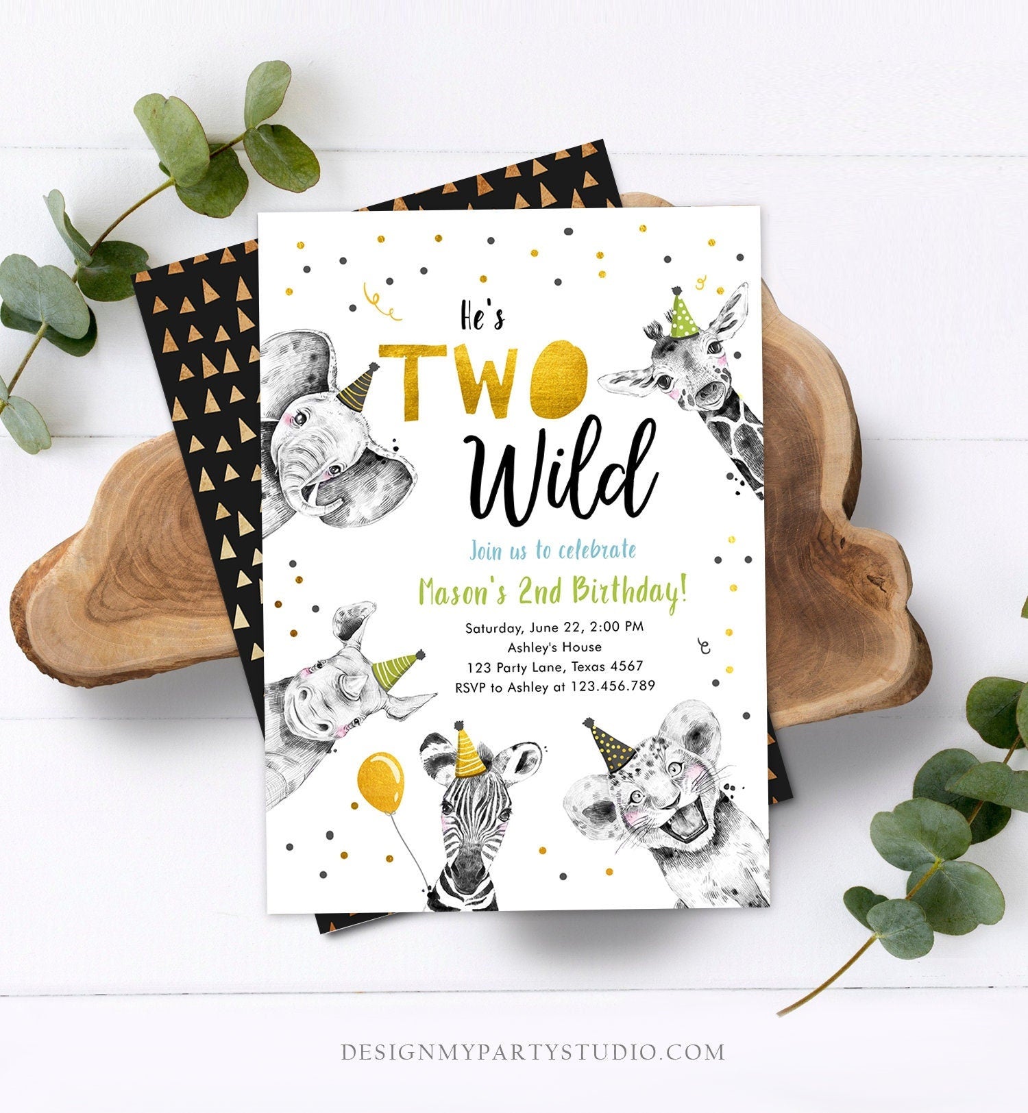 Editable Two Wild Birthday Invitation Safari Animals Party Animals Boy Green Gold Second Birthday 2nd Confetti Corjl Template Printable 0390