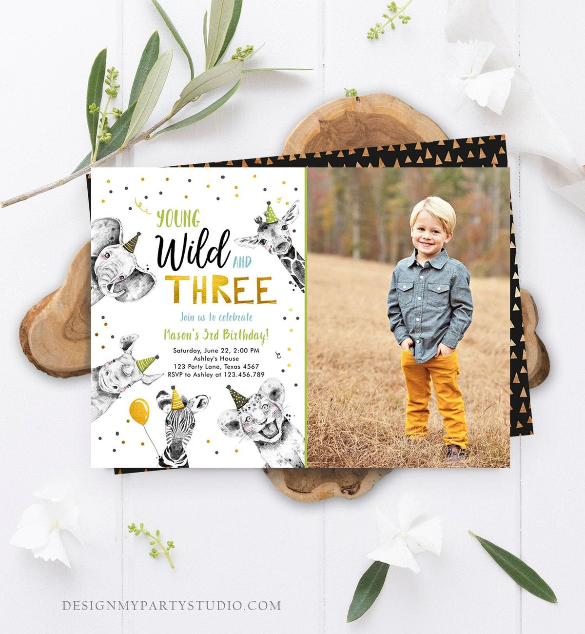 Editable Young Wild and Three Birthday Invitation Boy Green Gold Third 3rd Safari Animals Download Printable Template Digital Corjl 0390