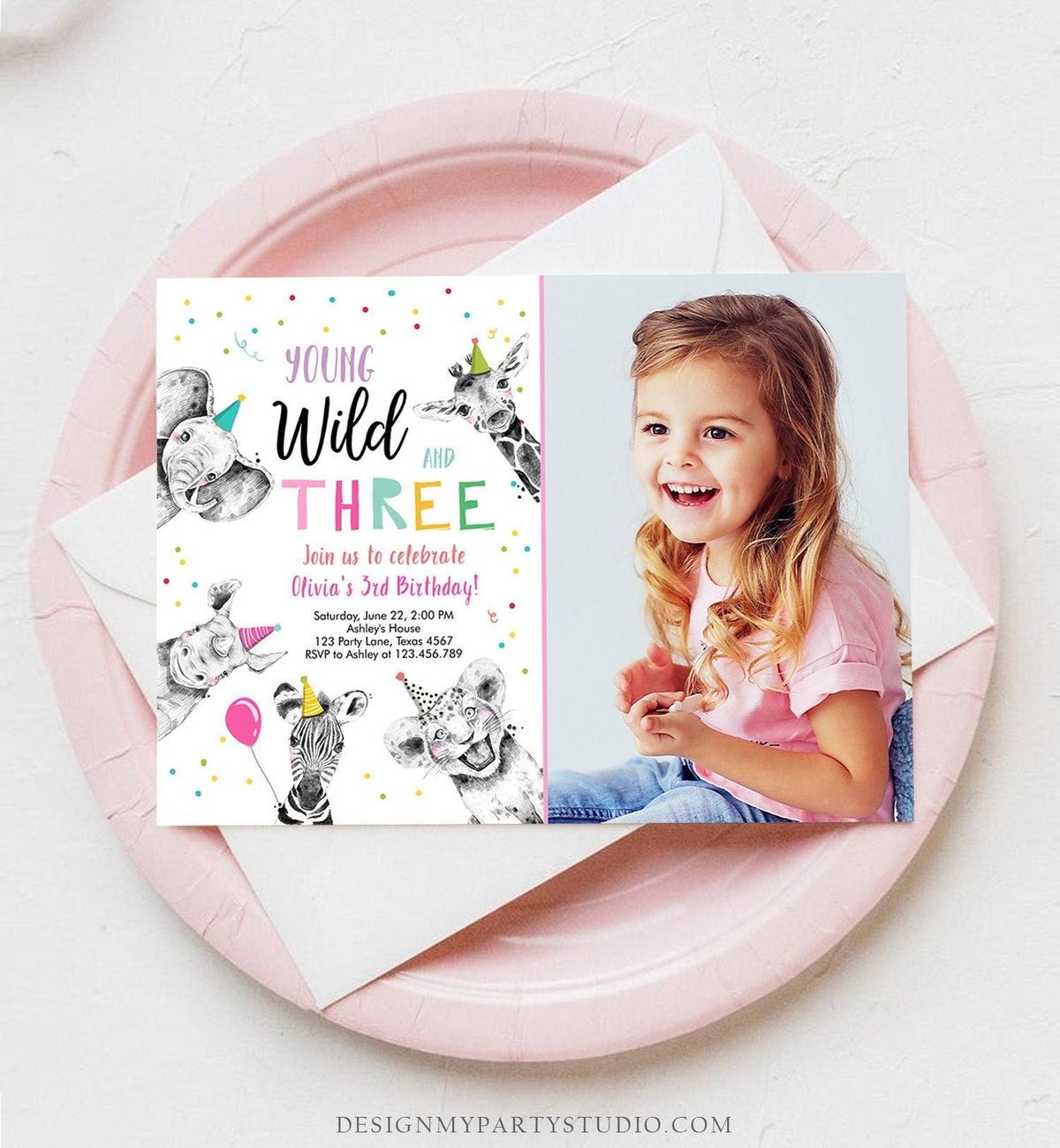 Editable Young Wild and Three Birthday Invitation Girl Pink and Gold Safari Animals Instant Download Printable Template Digital Corjl 0390