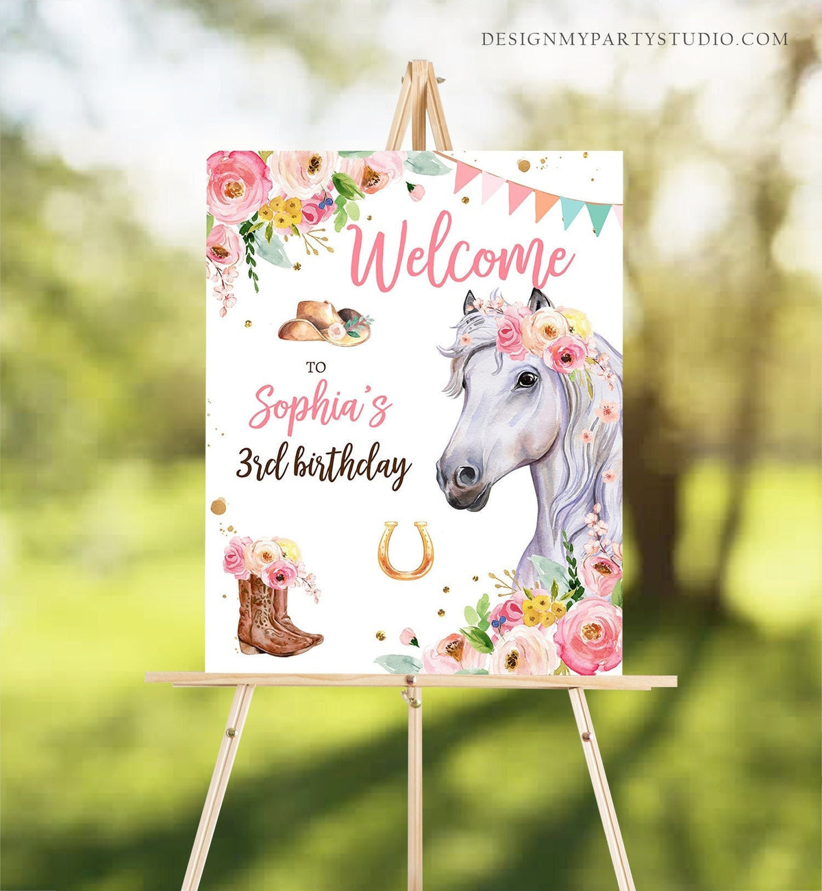 Editable Horse Birthday Welcome Sign Pony Birthday Welcome Sign Cowgirl Party Floral Girl Horse Party Download Template Corjl PRINTABLE 0408