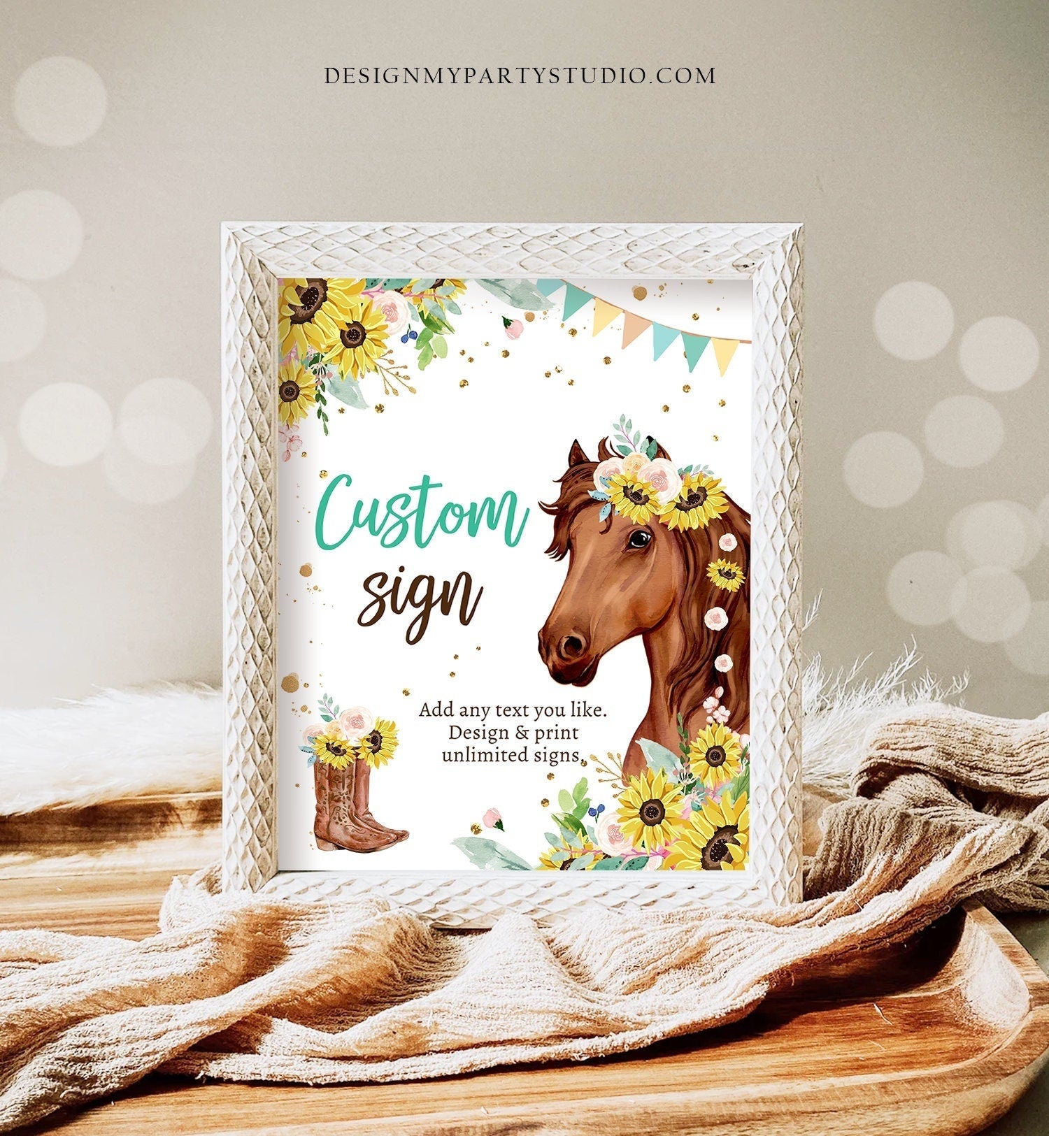 Editable Custom Horse Birthday Party Sign Saddle Up Cowgirl Party Sign Sunflowers Horse Girl Table Sign 8x10 Corjl Template Printable 0408