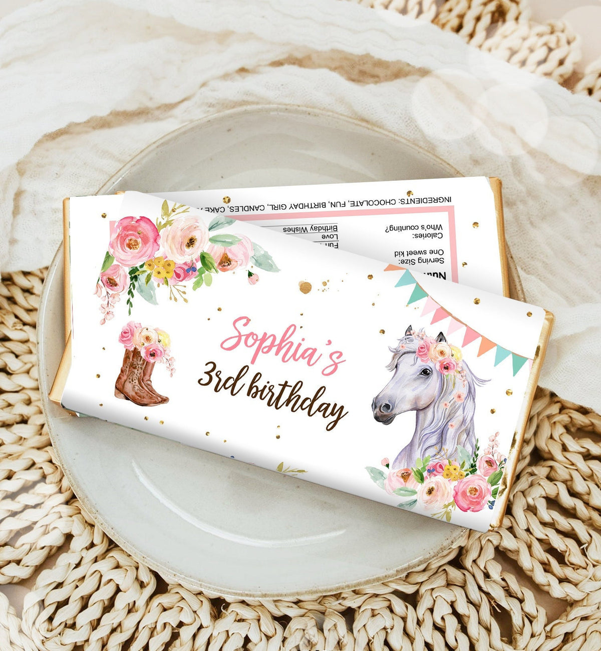 Editable Horse Chocolate Bar Labels Candy Bar Wrapper Horse Birthday Cowgirl Floral Girl Saddle Up Download Corjl Template Printable 0408