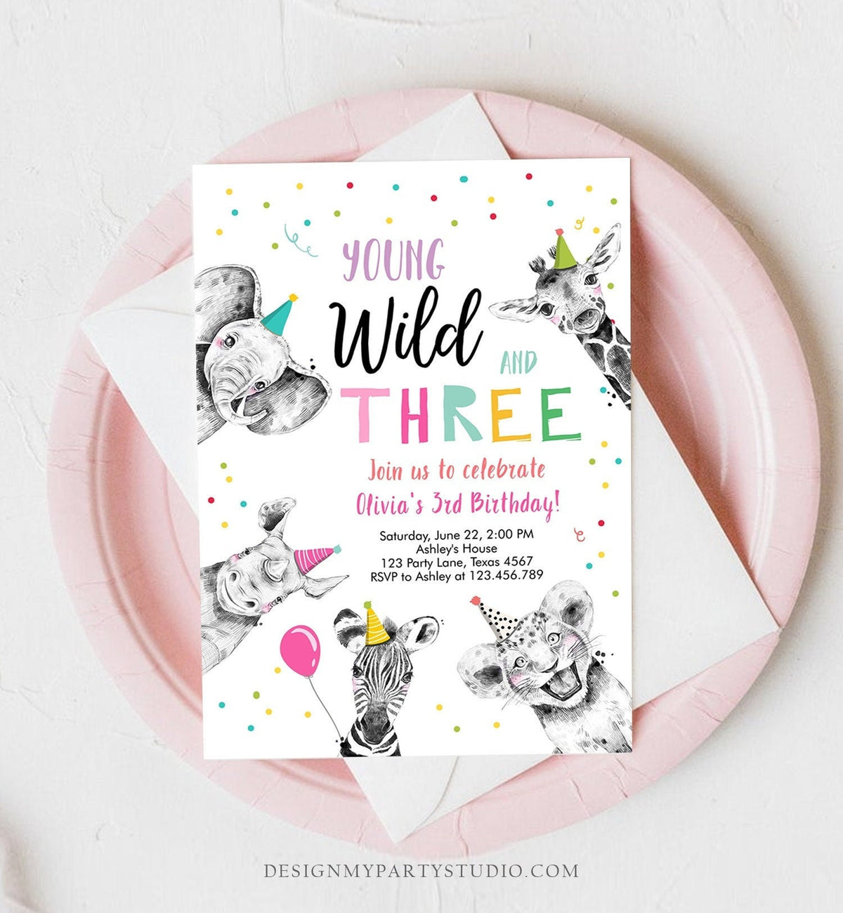 Editable Young Wild and Three Birthday Invitation Girl Pink and Gold Safari Animals Instant Download Printable Template Digital Corjl 0390