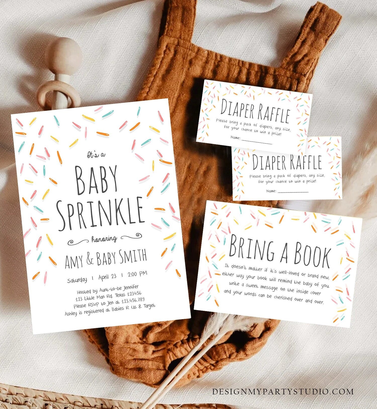 Editable Baby Sprinkle Shower Invitation Bundle Gender Neutral Sprinkles Diaper Raffle Book Card Suite Digital Corjl Template Printable 0216