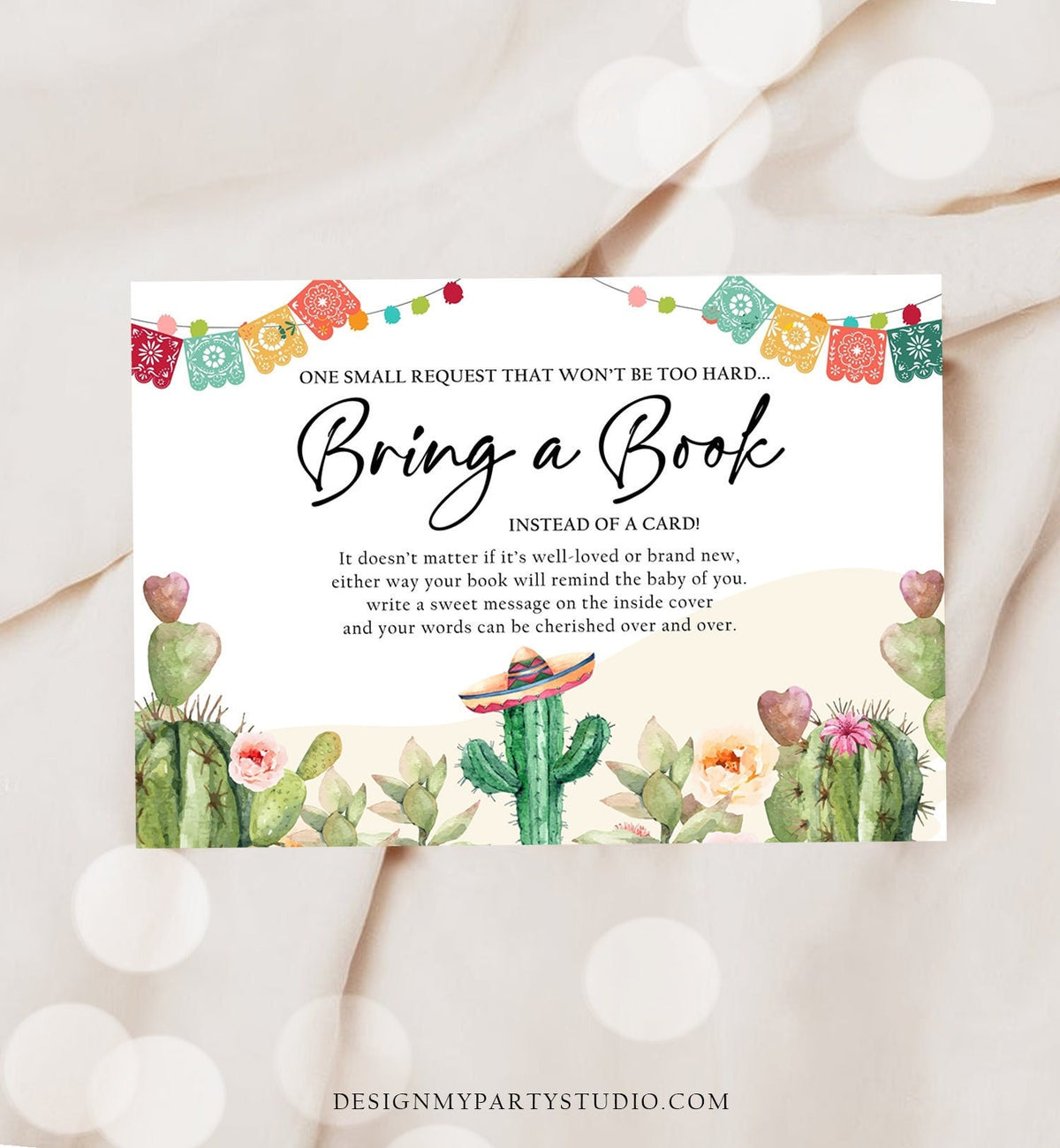 Editable Bring a Book Card Baby Shower Cactus Fiesta Taco Bout a Baby Book Insert Books for Baby Book Request Corjl Template Printable 0404