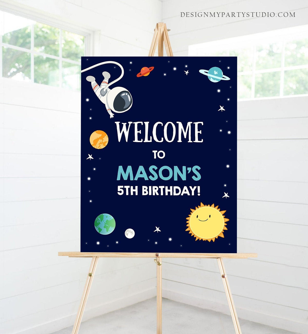 Editable Space Astronaut Welcome Sign Birthday Baby Shower Welcome 1st Birthday Boy Outer Space Adventure Corjl Template Printable 0259