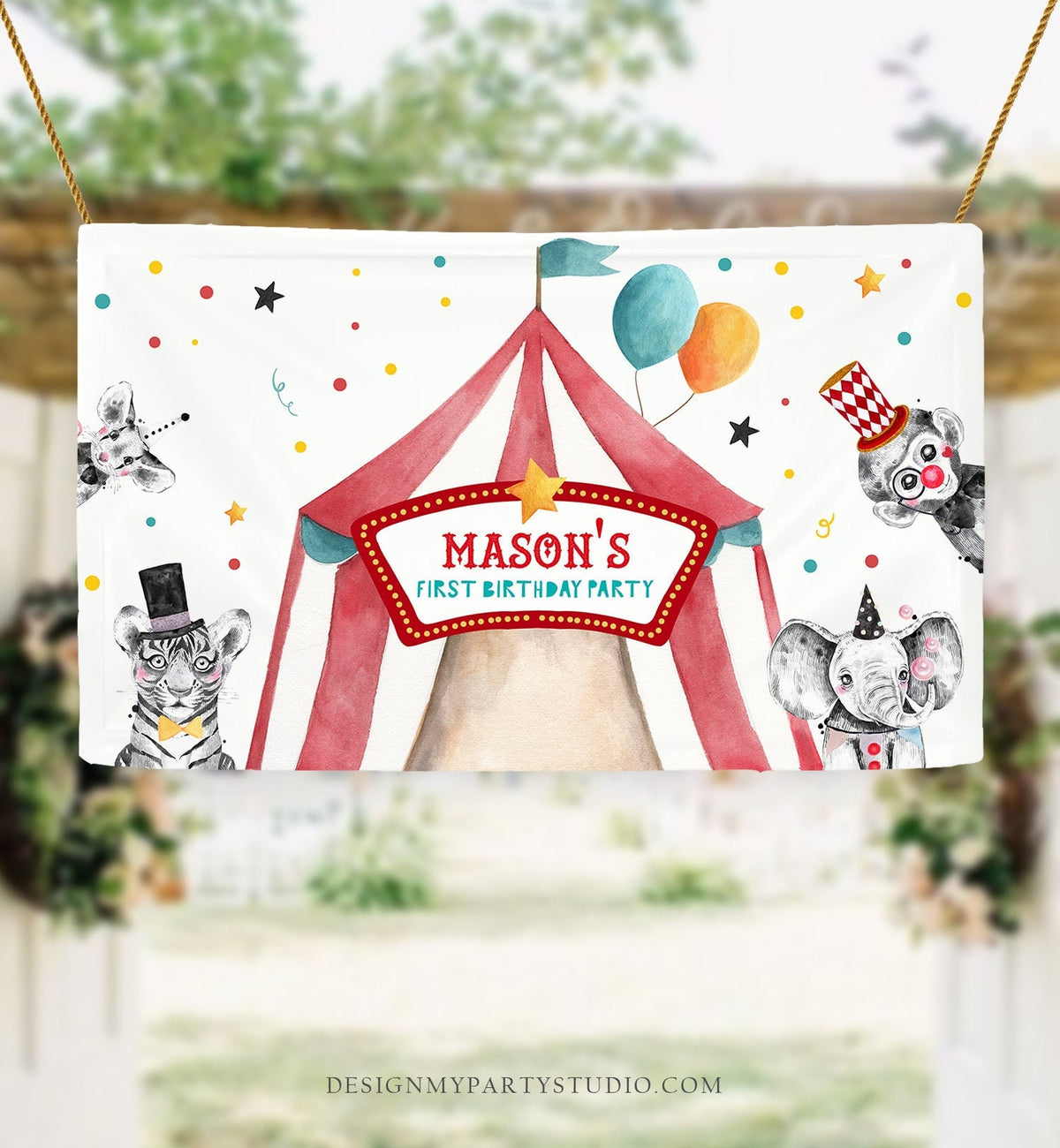 Editable Carnival Backdrop Banner Circus Birthday Boy Circus Welcome Big Top Party Decor Animals Download Corjl Template Printable 0355