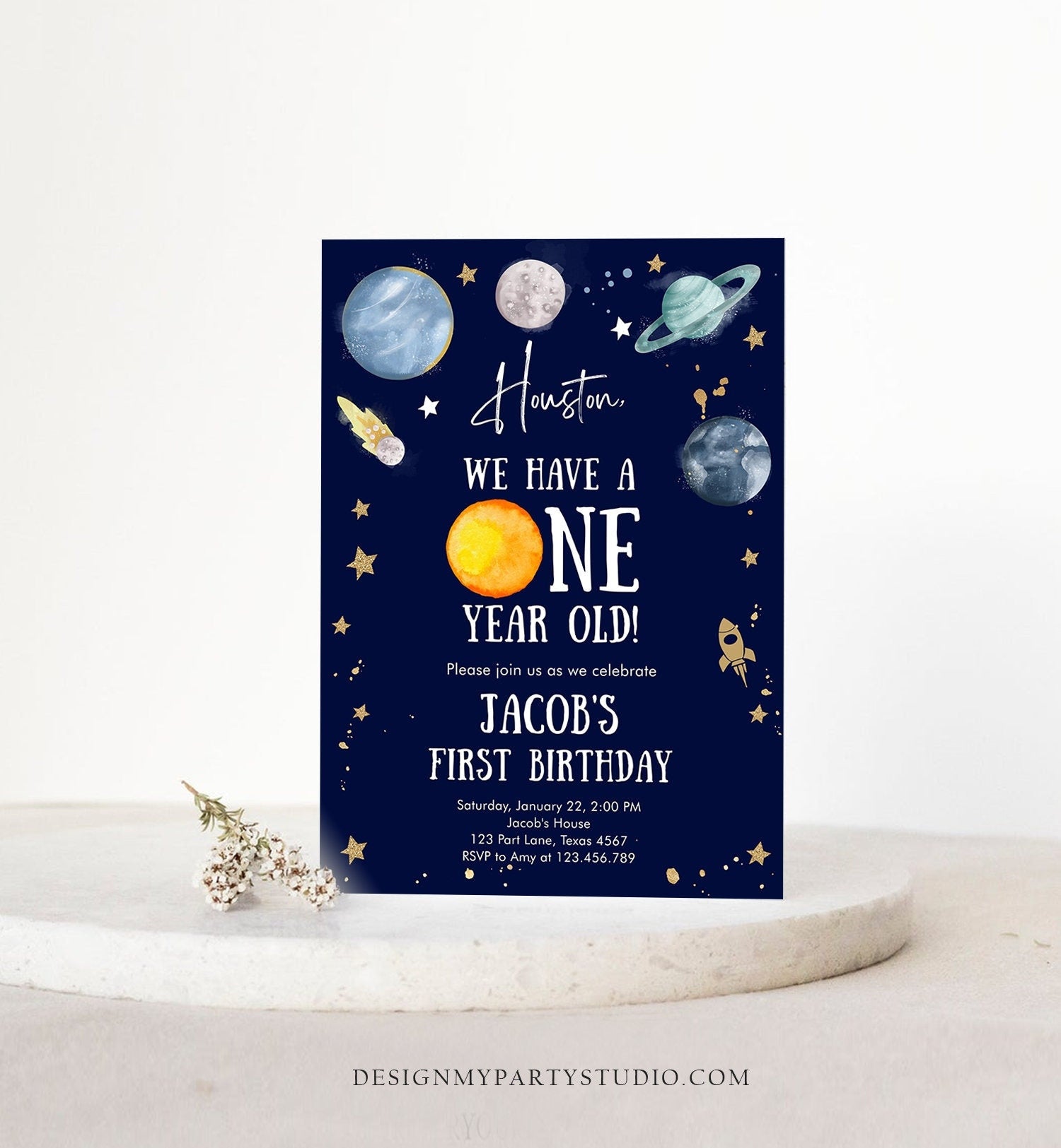 Editable Outer Space First Birthday Invitation Galaxy Houston First Trip Around the Sun One Digital Download Evite Template Printable 0357