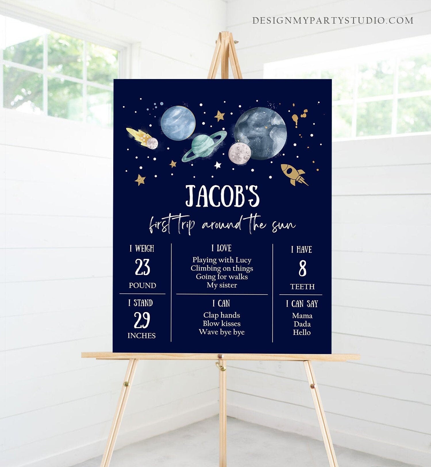 Editable Outer Space Birthday Milestones Sign First Trip Around the Sun Boy 1st Birthday Space Galaxy Planets Template Printable Corjl 0357