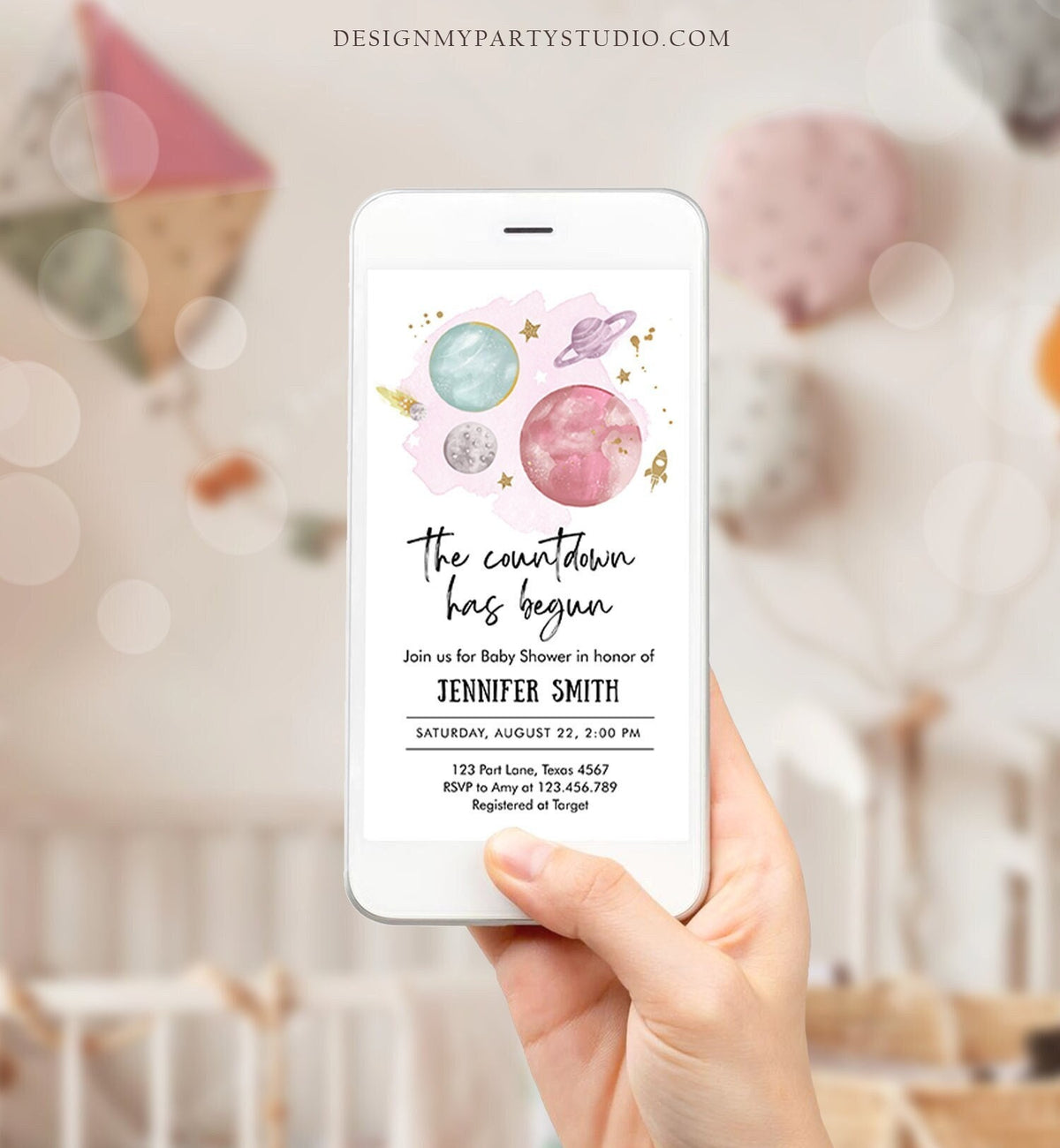 Editable Space Baby Shower Evite Galaxy Outer Space Planets Moon Countdown Electronic Invite Template Digital Instant Download Corjl 0357