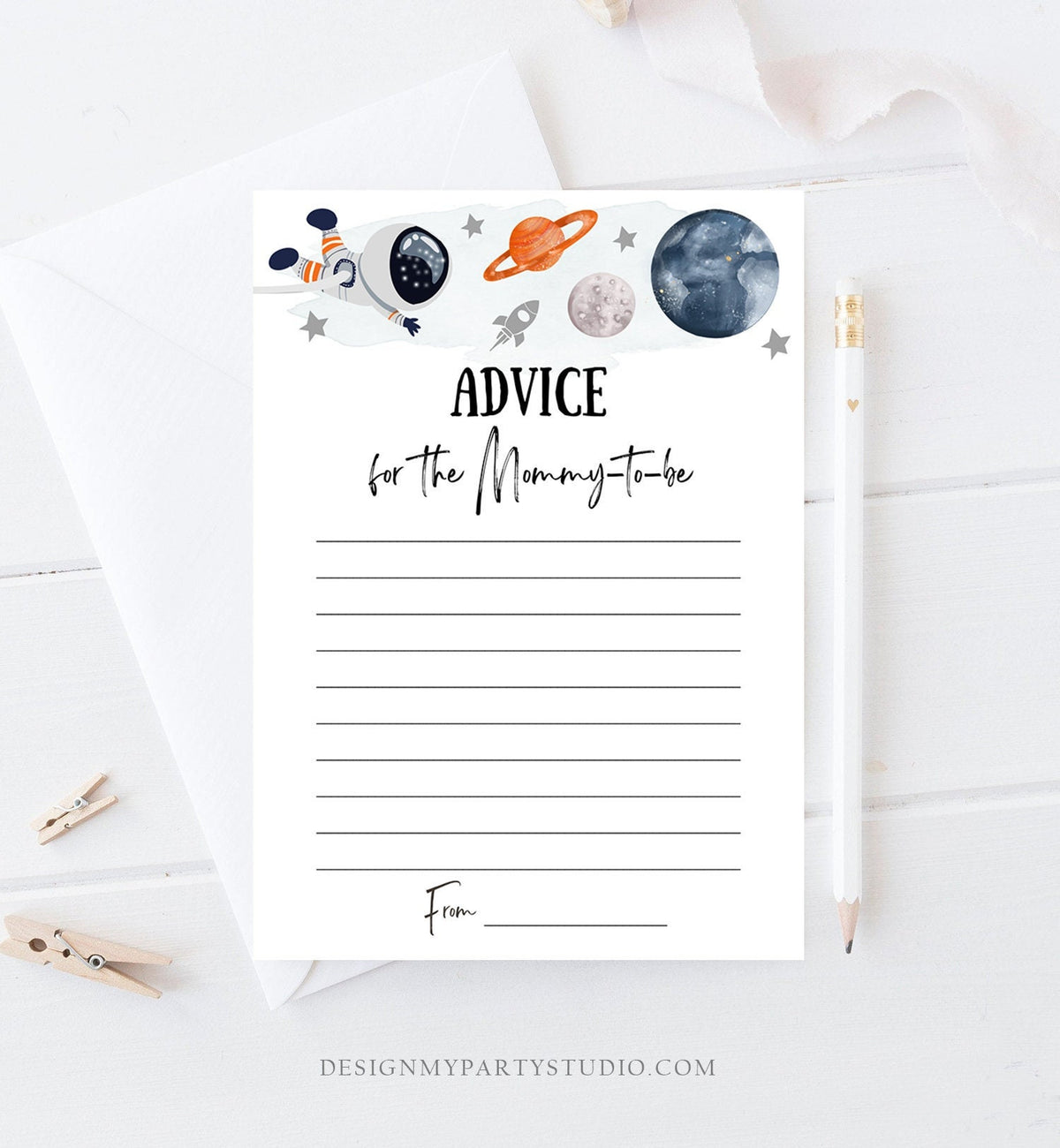 Editable Advice Card Baby Shower Game Advice for Mommy to Be Outer Space Planets Astronaut Orange Activity Corjl Template Printable 0366