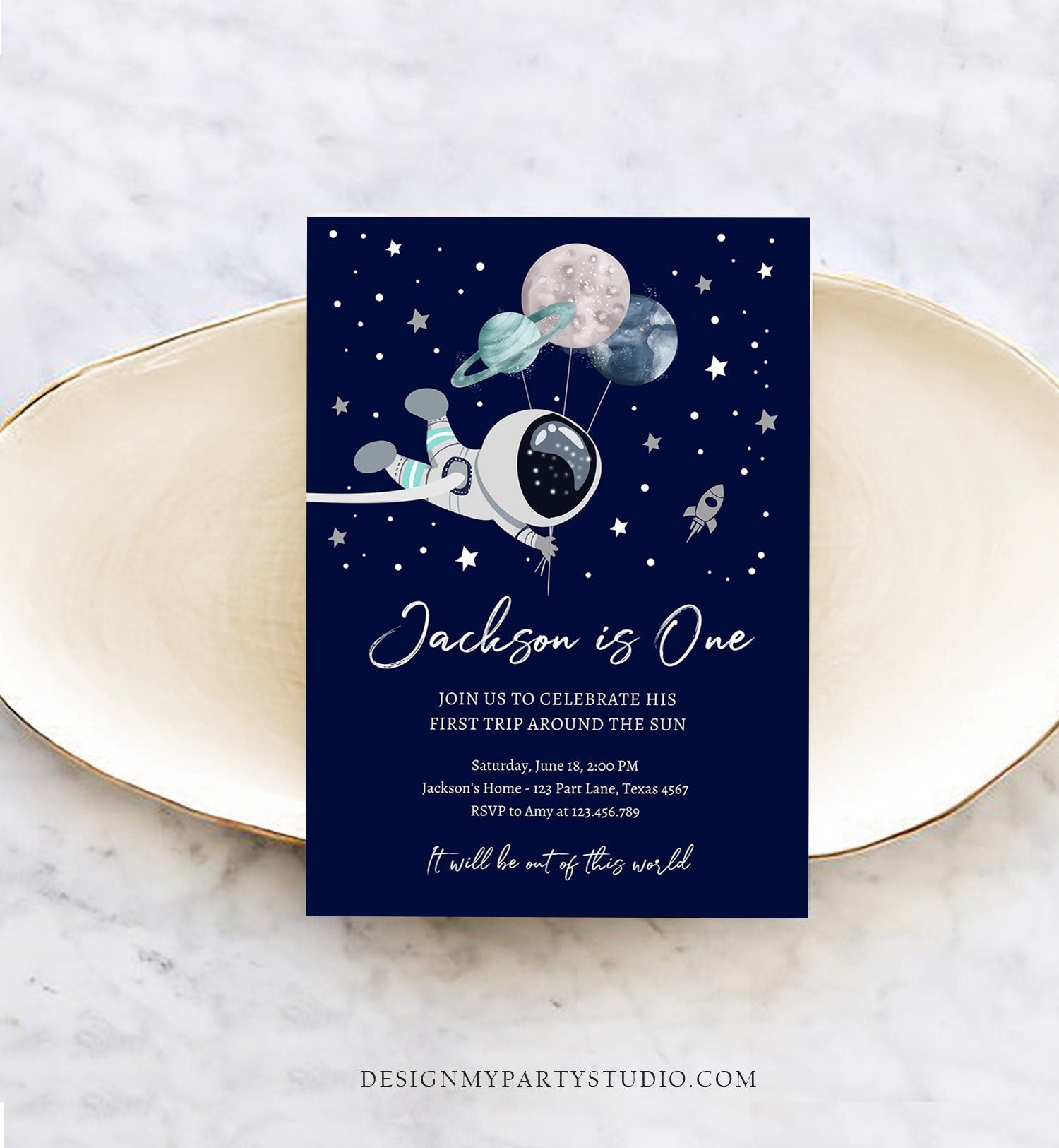 Editable Outer Space Birthday Invitation Out of this World Astronaut Trip Around the Sun Download Printable Template Digital Corjl 0366