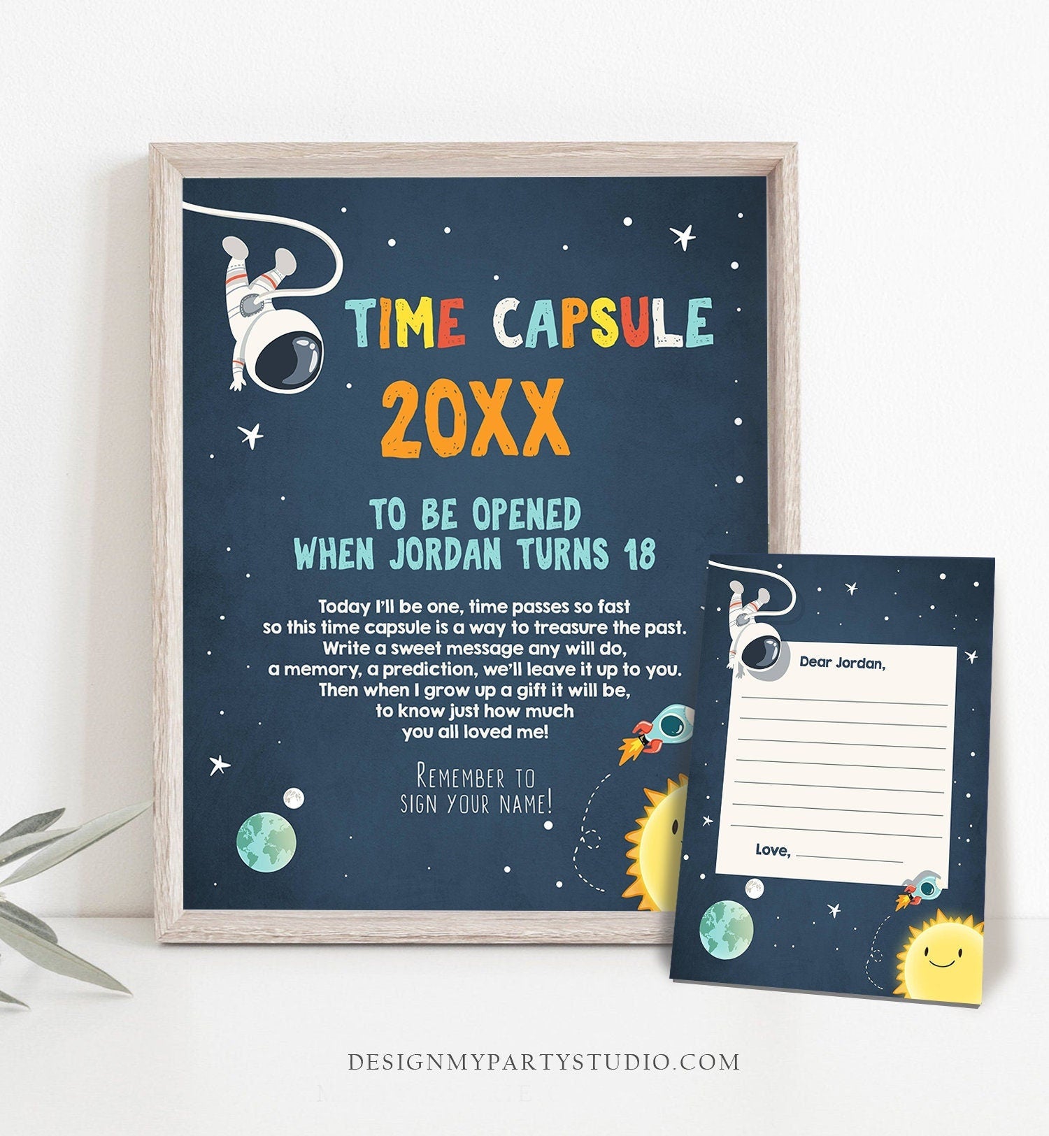 Editable Outer Space Time Capsule First Birthday Party Astronaut Rocket Space Birthday Party Boy Guestbook Template Printable Corjl 0046