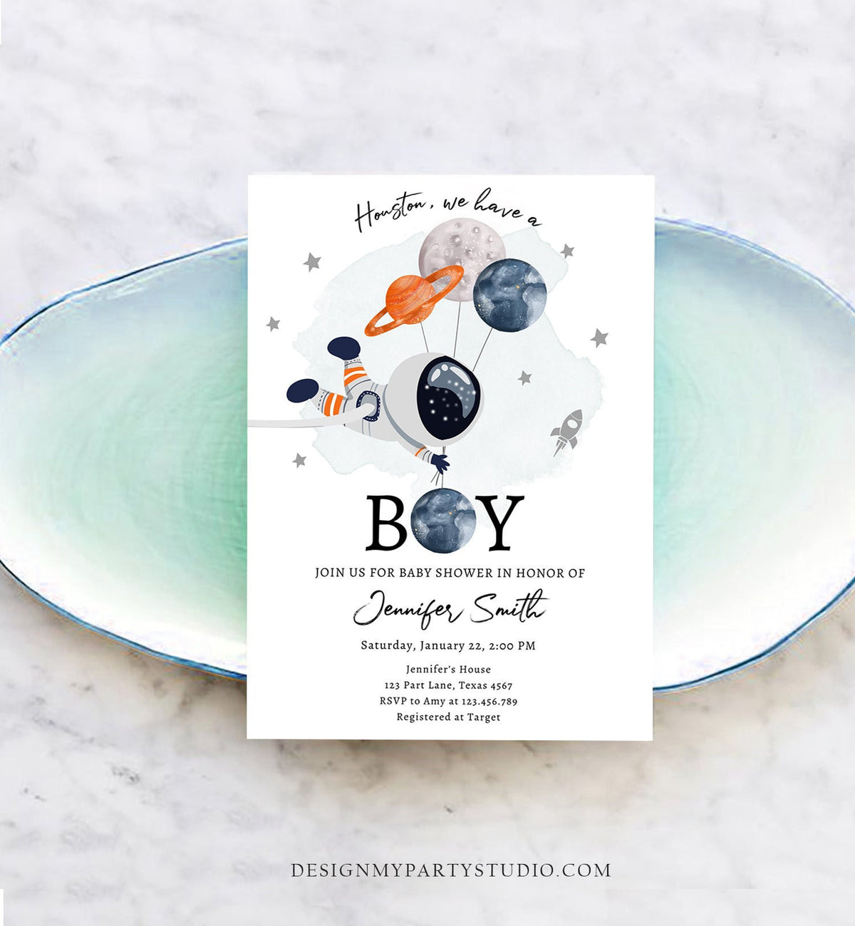 Editable Space Astronaut Baby Shower Invitation Galaxy Houston It&#39;s a Boy Orange Planets Moon Countdown Template Instant Download Corjl 0366