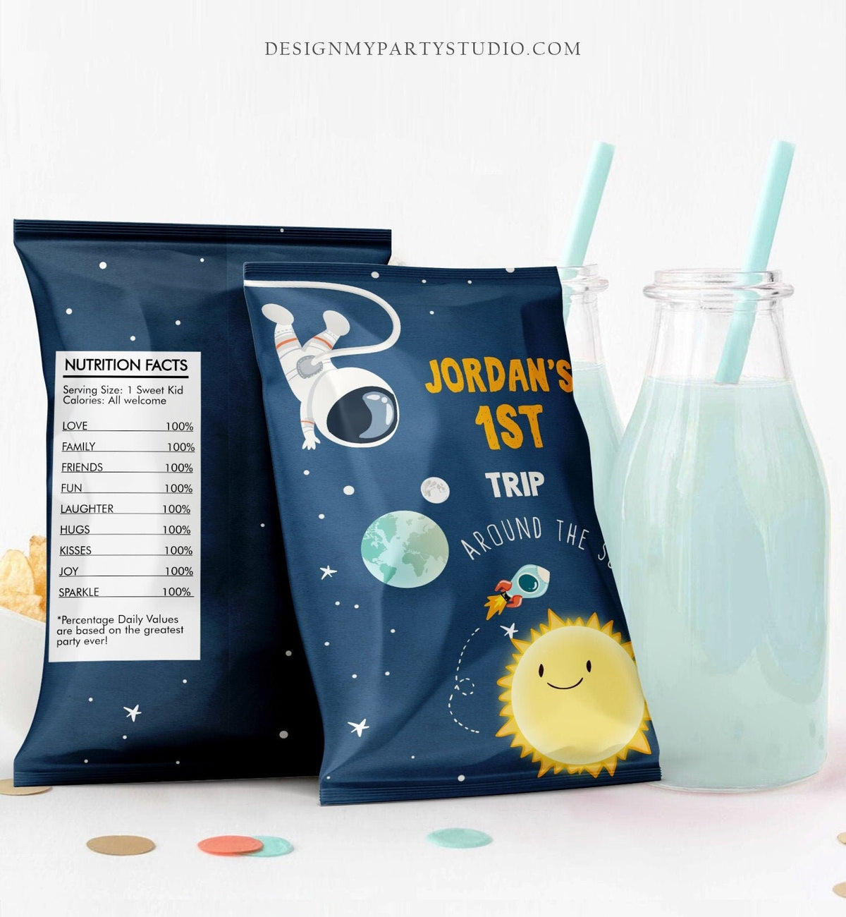 Editable Outer Space Chip Bag Outer Space Birthday Party Decor Boy 1st Birthday Astronaut Galaxy Snack Favors Digital Corjl Template 0046