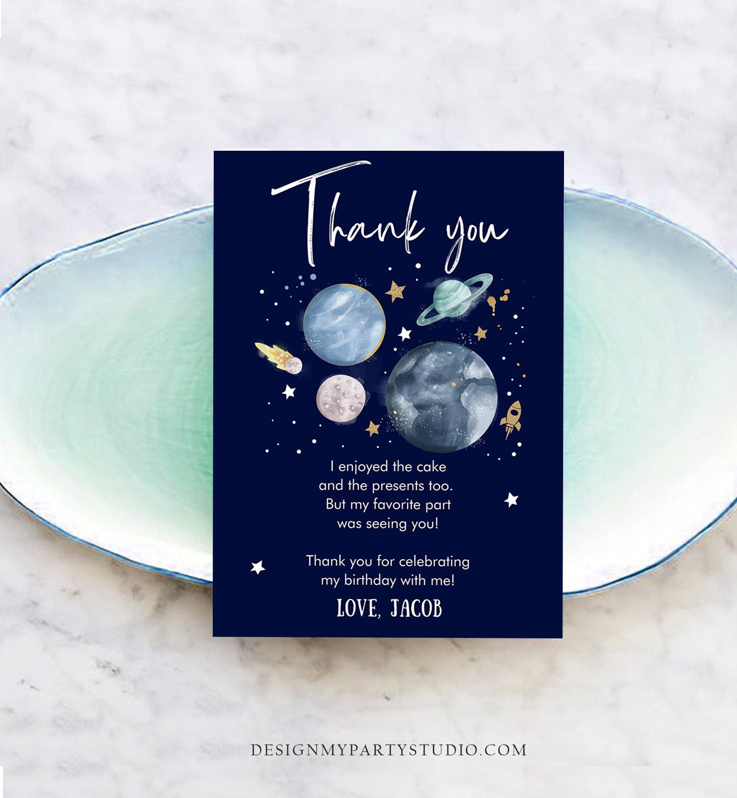 Editable Space Birthday Thank You Card Space Astronaut To the Moon Galaxy Thank You Note Download Printable Template Digital Corjl 0357