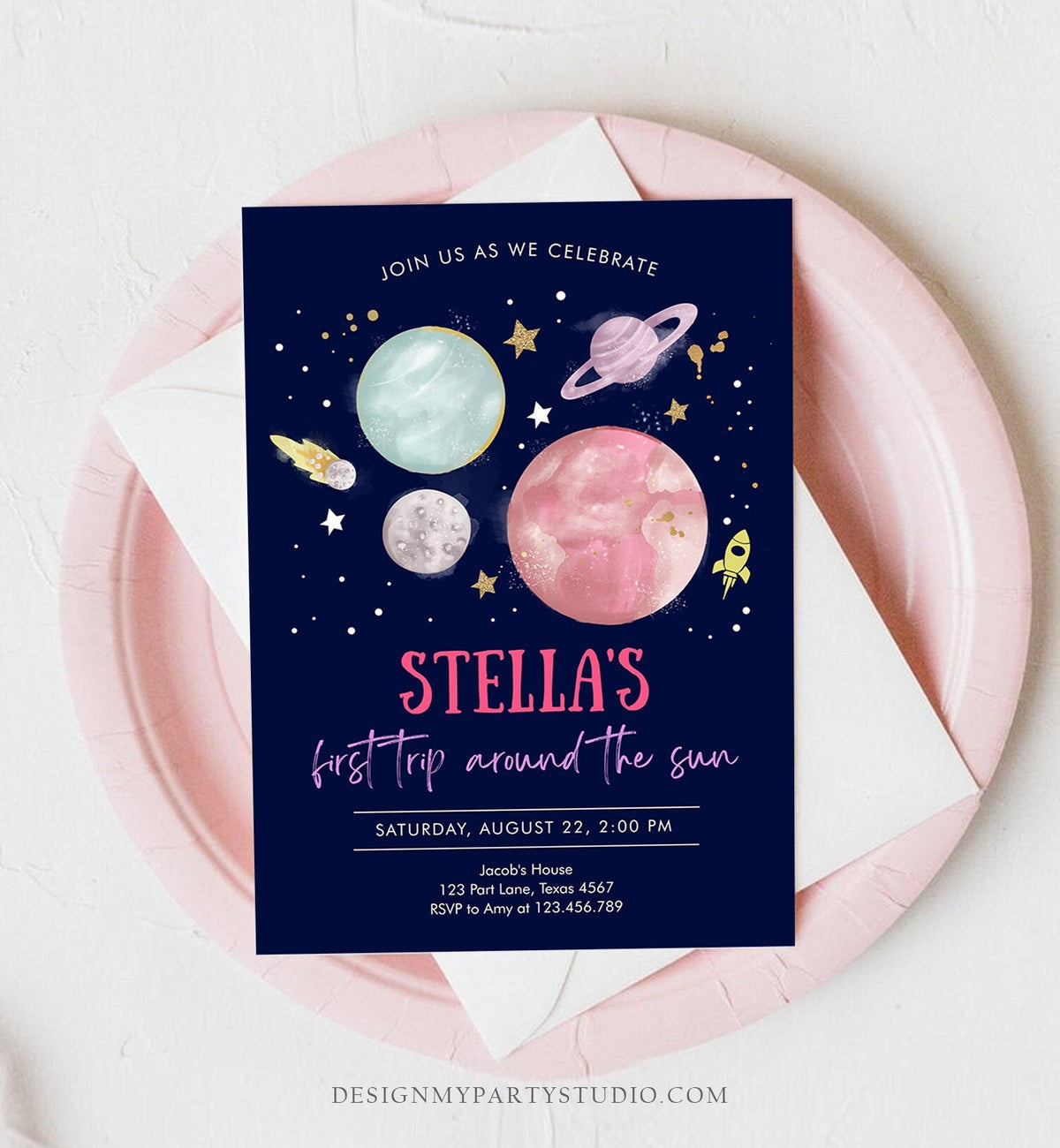 Editable Outer Space Girl First Birthday Invitation Galaxy Blast Off First Trip Around the Sun Pink Download Printable Template Corjl 0357