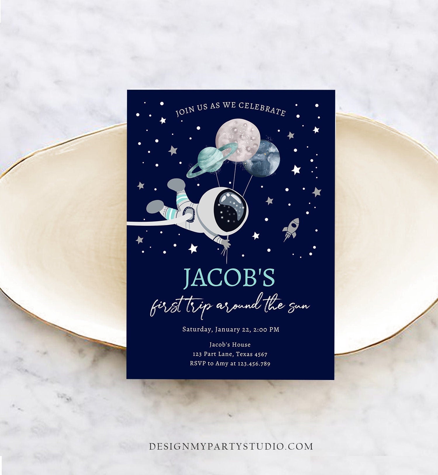 Editable Out of This World Birthday Invitation Outer Space Planets Rocket Ship Galaxy Astronaut Silver Boy Corjl Template Printable 0366